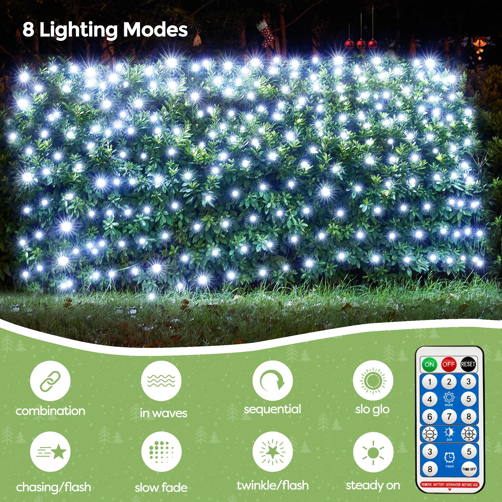 WBao Solar Christmas Net Lights 200LED, 8.4ft x 5.2ft, Cool White, Remote Control, 8 Modes, Waterproof Outdoor Decorations, Model EDK-290