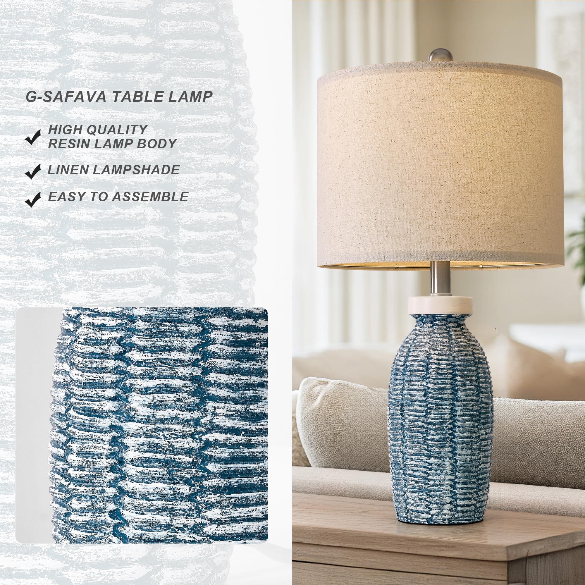 G-SAFAVA Table Lamps Set of 2, 22.75" Rustic Vintage Boho Design, Blue for Bedroom & Living Room Decor