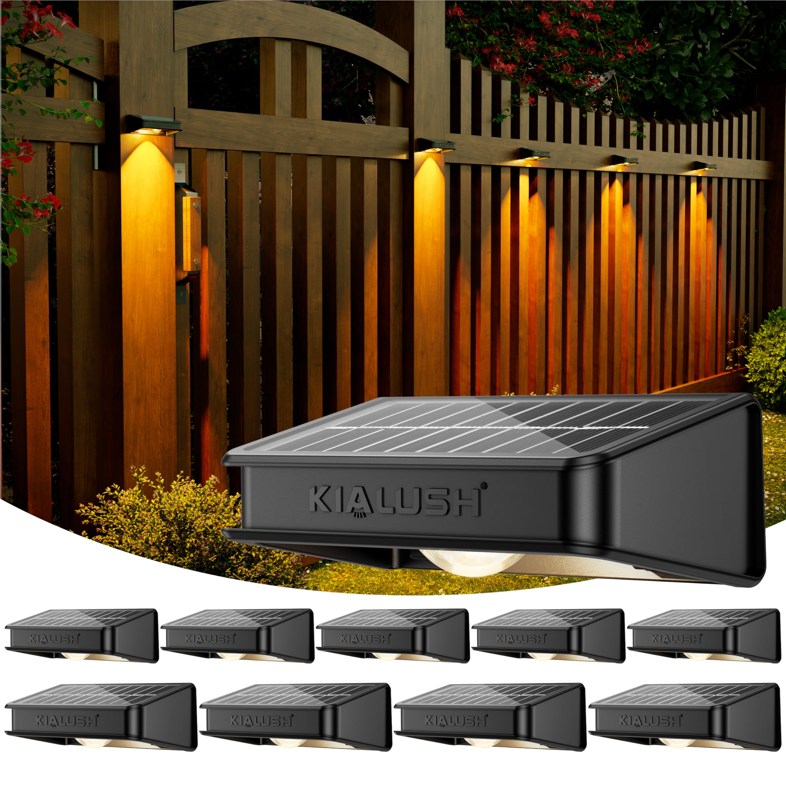 KIALUSH Solar Fence Lights - 10 Pack, 3 Modes, 9 Colors, Waterproof IP65, 35lm, Black, Model KF04H