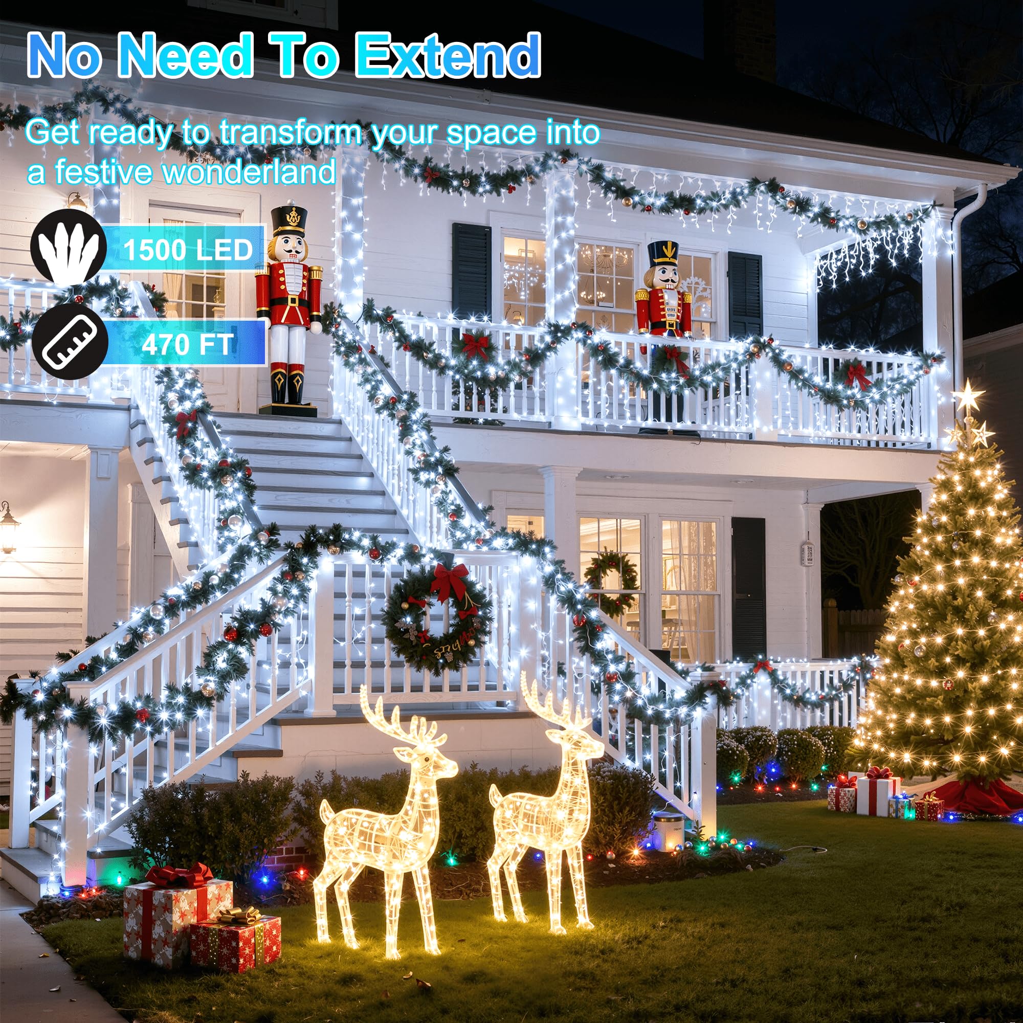 1500Led Christmas Lights Outdoor Use  470Ft 12 Modes Cool White Led String Lights With Timer Dimmable  Waterproof Christmas Lights For Tree Wedding Xmas Patio Fence Balcony Garden Decor Cool White