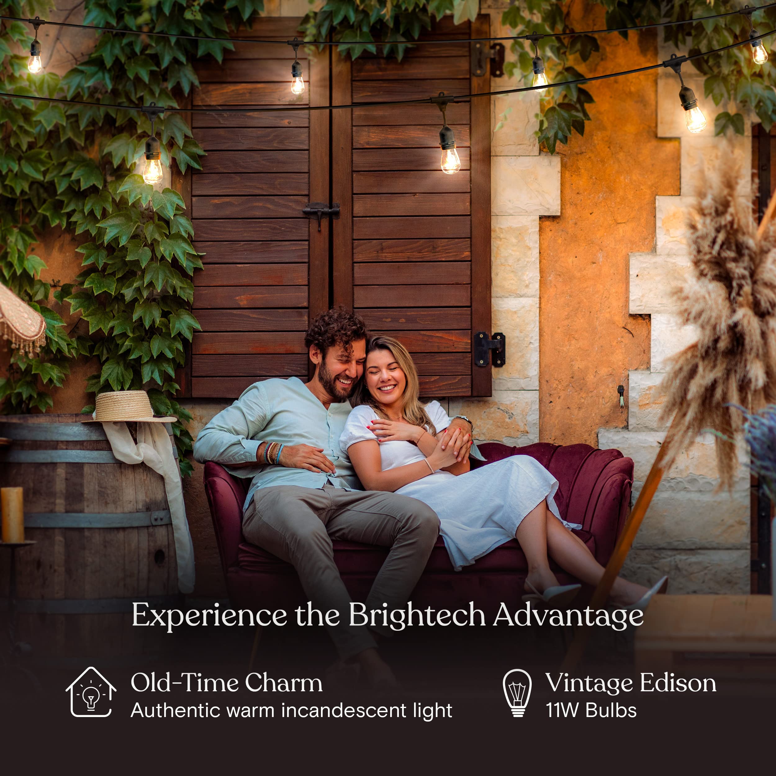 Brightech Ambience Pro Outdoor String Lights - Commercial Grade Waterproof Patio Lights With 24 Ft Dimmable Incandescent Edison Bulbs, Porch String Lights For Patio, Backyard, Christmas - 7 Bulbs 11W