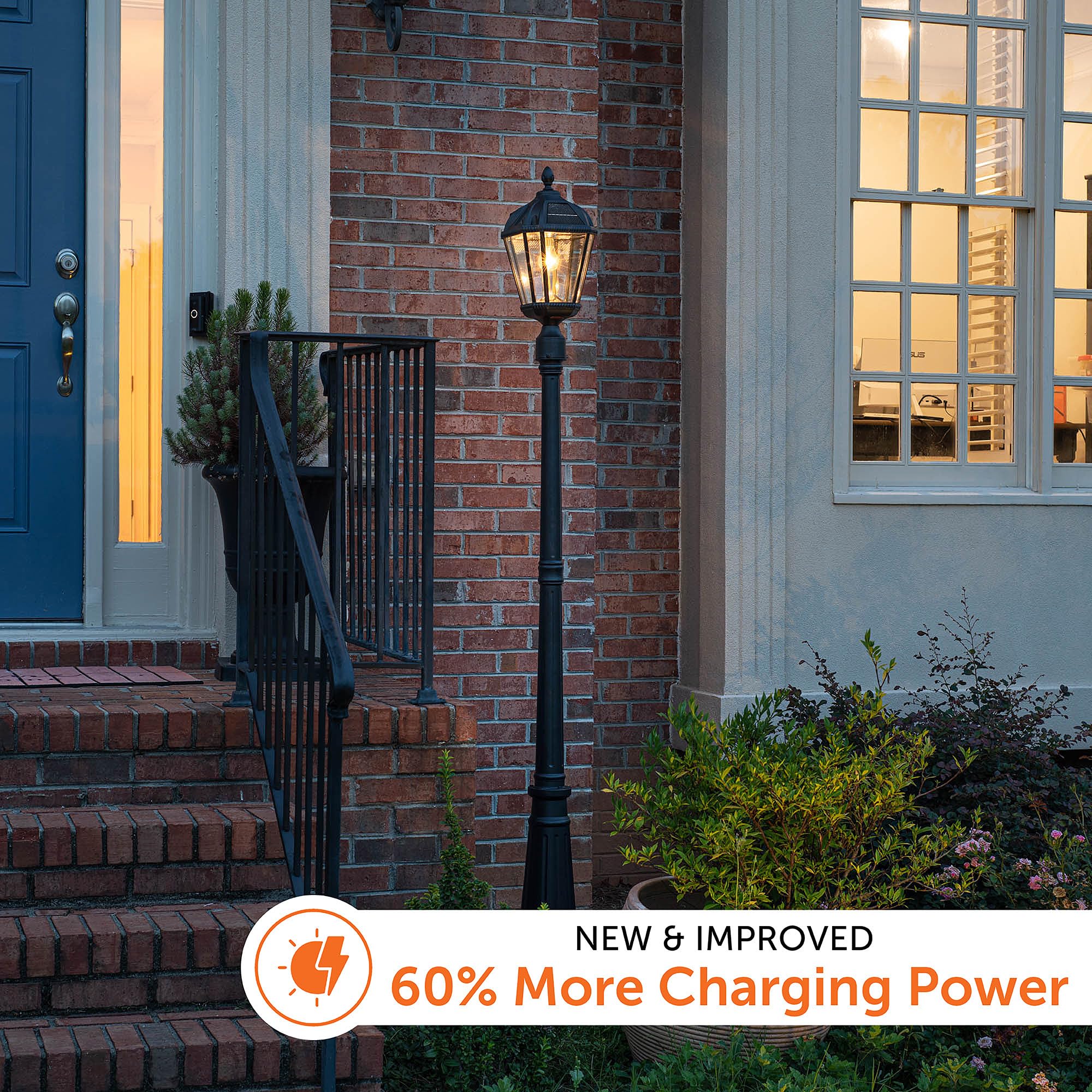 Gama Sonic Solar Outdoor Lamp Post Light, Black Cast Aluminum and Beveled Glass Panels, 10-Year Royal Bulb, Warm White LED with