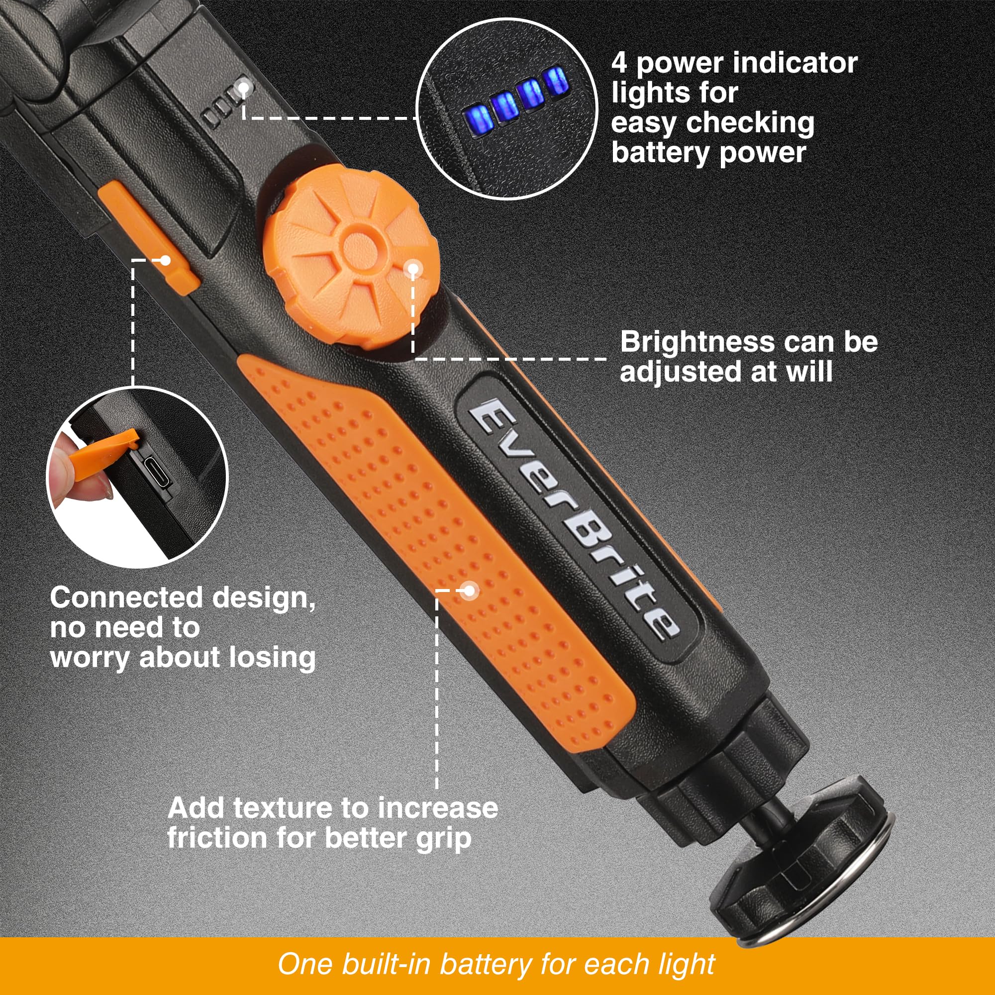 Everbrite Led Rechargeable Work Light, 800Lm Cob Foldable Flashlight, Magnetic Work Lights With Hanging Hook, 360° & 270° Rotation, 4 Power Indicator Lights - For Car Repair, Home, Emergency