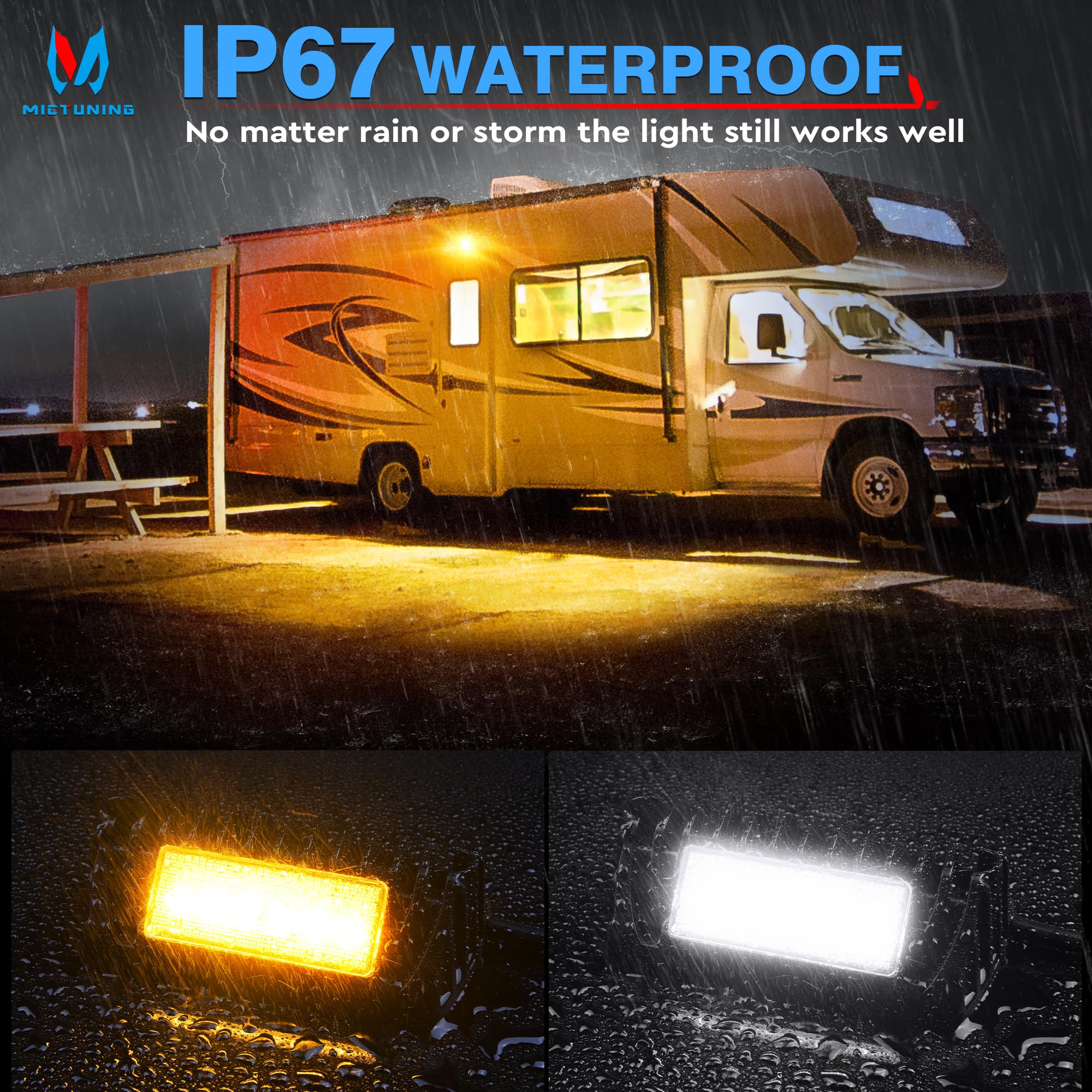 MICTUNING RV LED Porch Light, Amber/White, 12V, 750 Lumen, Aluminum, 1 Pack, Model MIC-RPL, Black