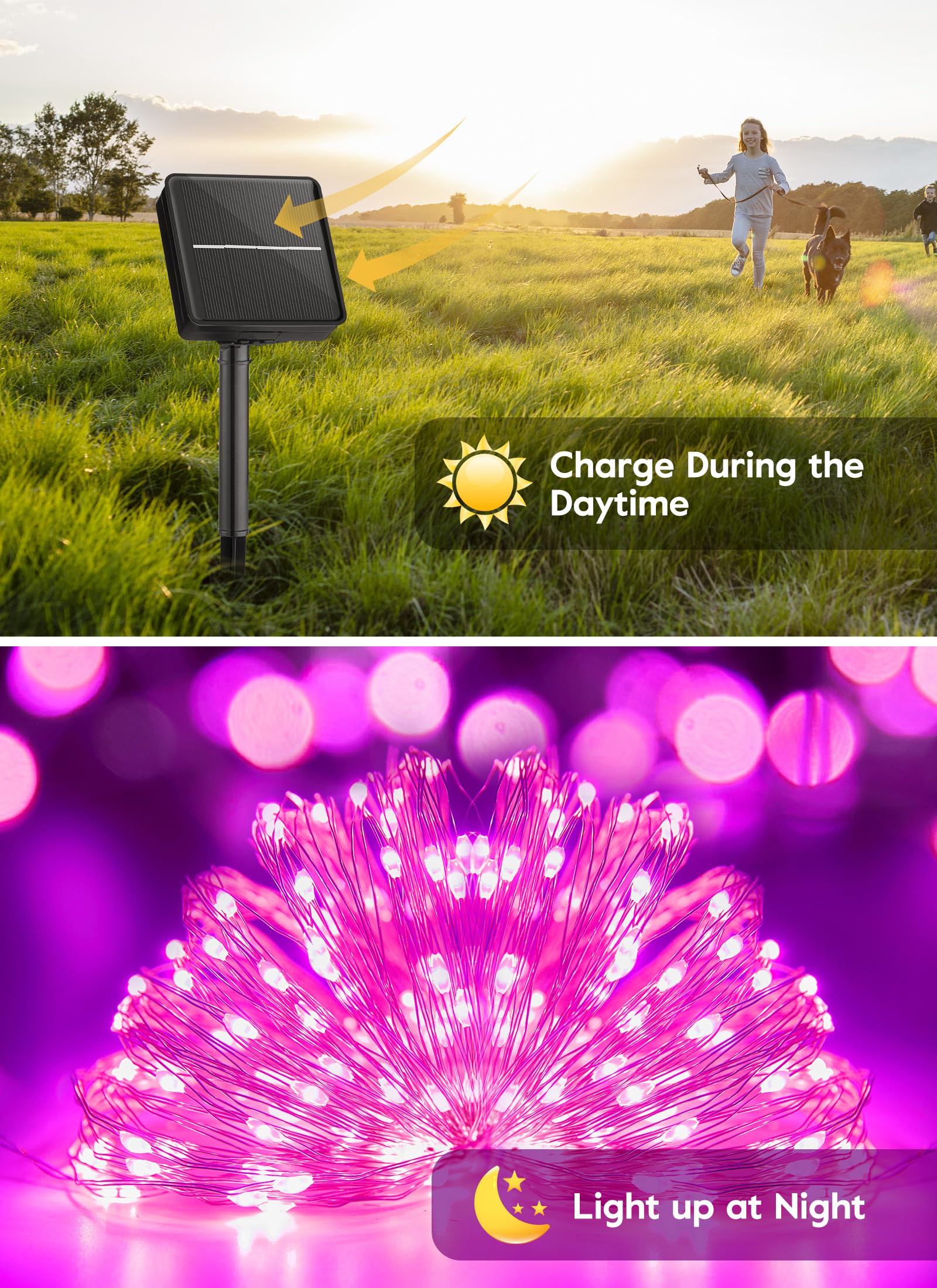 Minetom Solar String Lights For Outside, 33Ft 100 Led Outdoor Solar Fairy Lights, 8 Modes Balcony Lights For Tree Patio Christmas Party Wedding Decor (Pink)