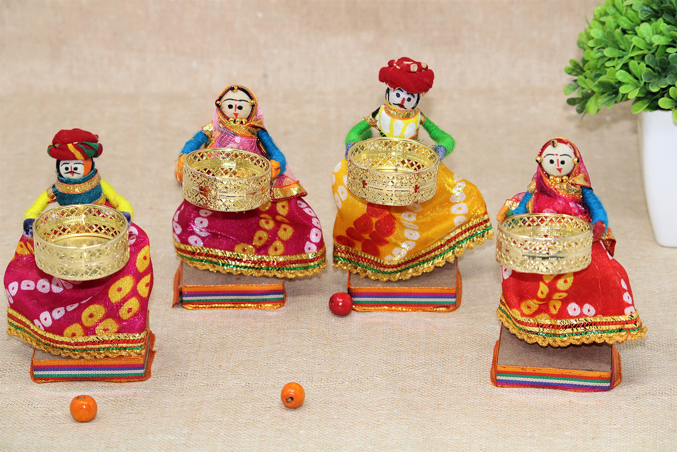 JH Gallery Recycled Martial Rajasthani Standing Dolls Tealight Candle Holder, Multicolor (2 Pair)(4 Candle Holders)