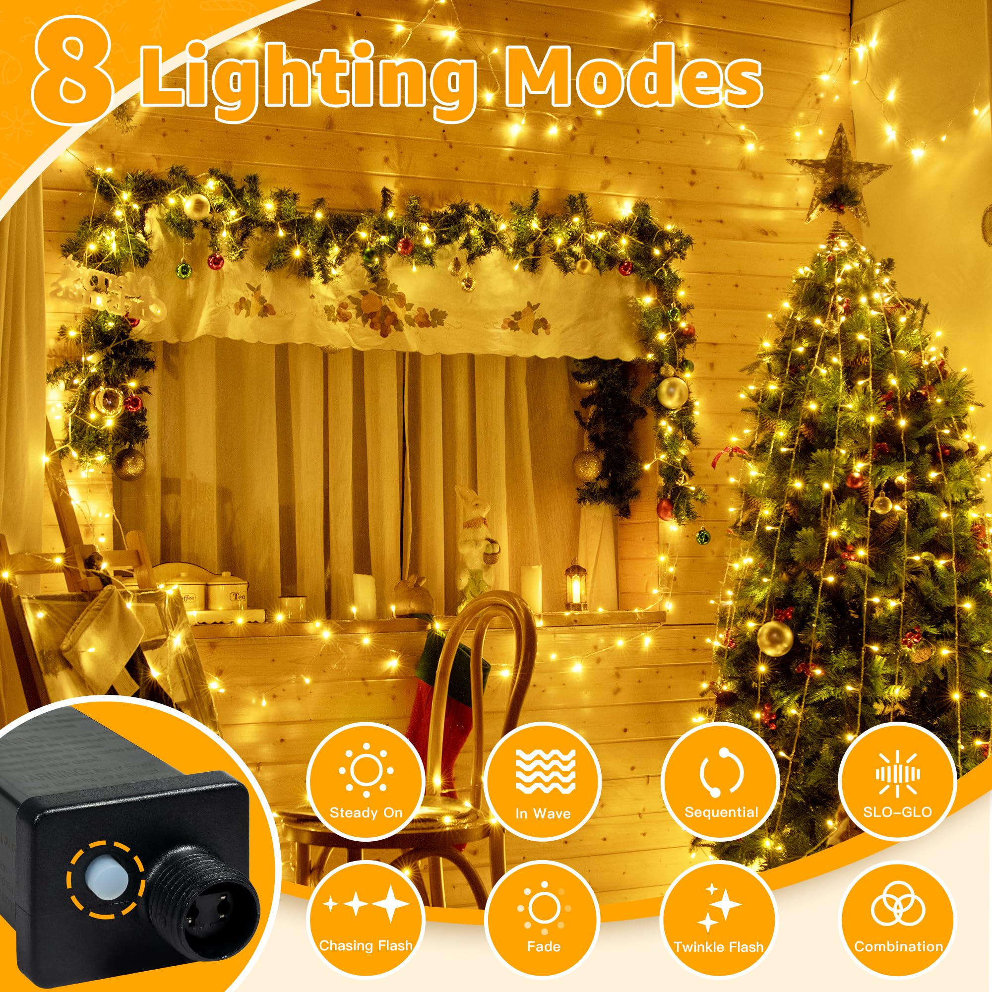 Ollny String Lights 120Led 40Ft, Warm White Fairy Lights Waterproof Connectable Timer, 8 Modes Plug In Christmas Lights For Bedroom Outdoor Party Indoor Classroom Decorations
