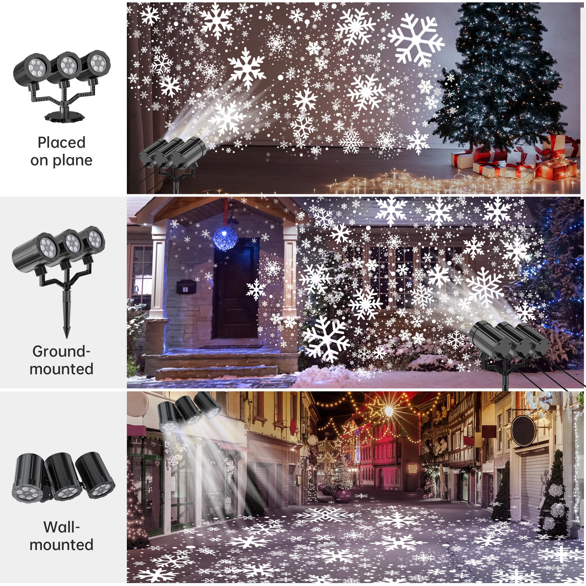 GUSODOR Christmas Projector Lights - Upgraded Snowflake Design, IP65 Waterproof, LED, Three-Head, White, Model SW-TY-003
