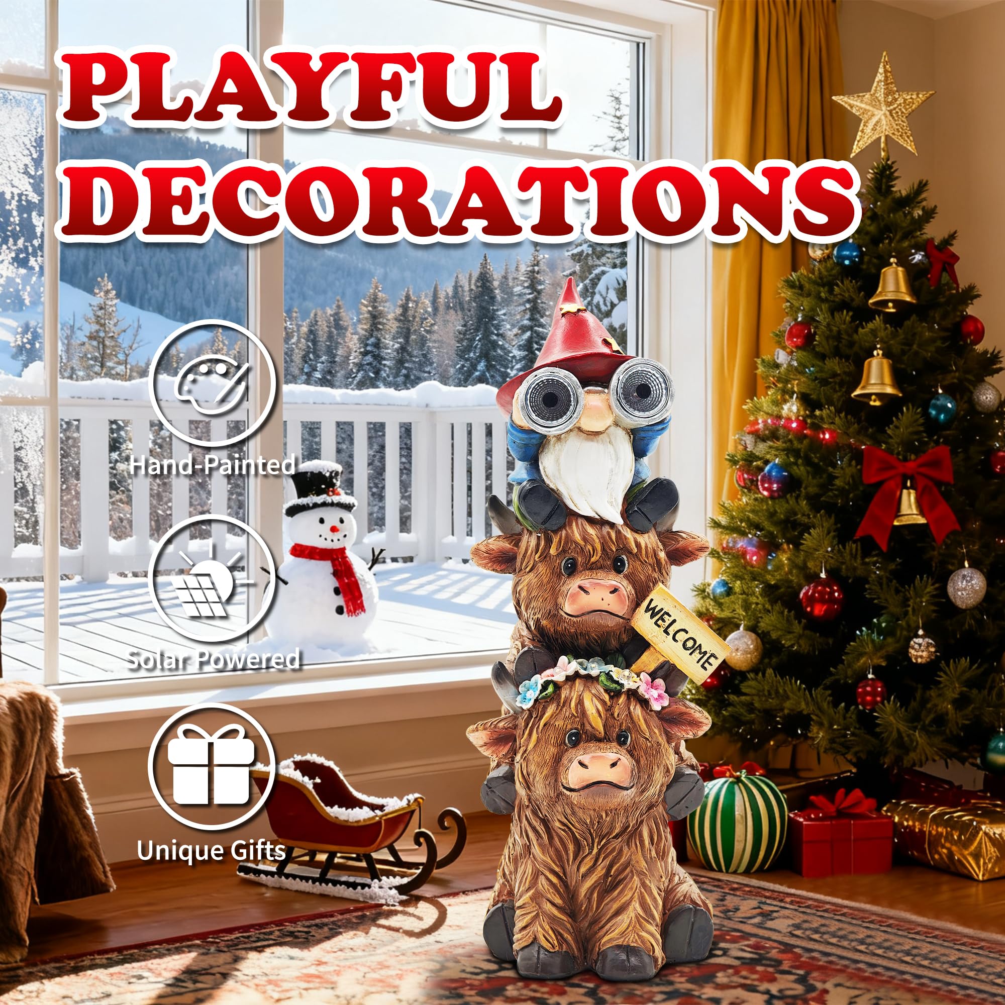 CFFOWNUG Christmas Garden Gnome Statue - 11'' Highland Cow Decor with Solar Light, Brown Resin, CF-Cow001-Telescope