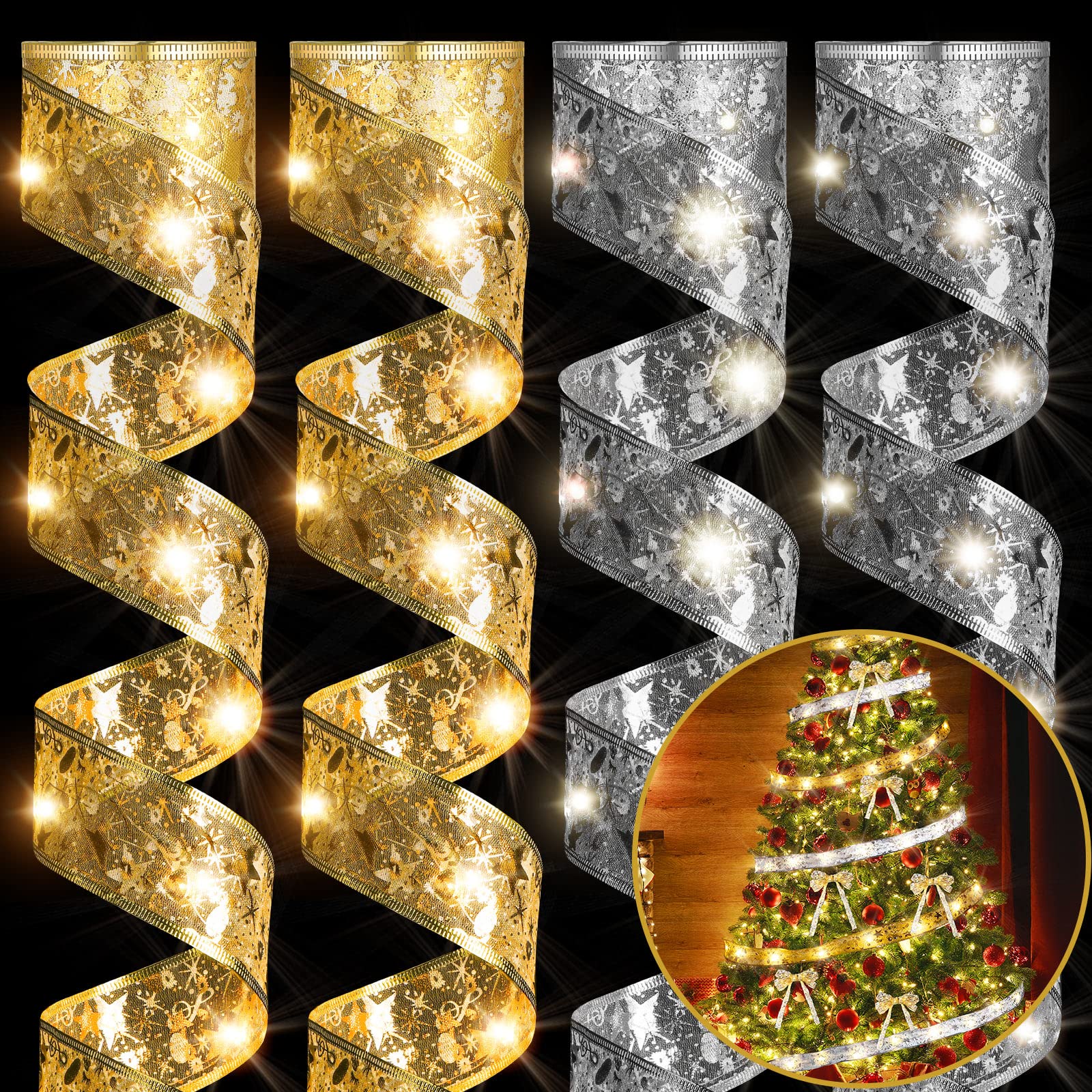 Sherr 4 Pcs 79ft Christmas Ribbon Lights Christmas Tree Decorations 240 LED Lights Fairy Lights Xmas Ribbon Battery Powered Oper