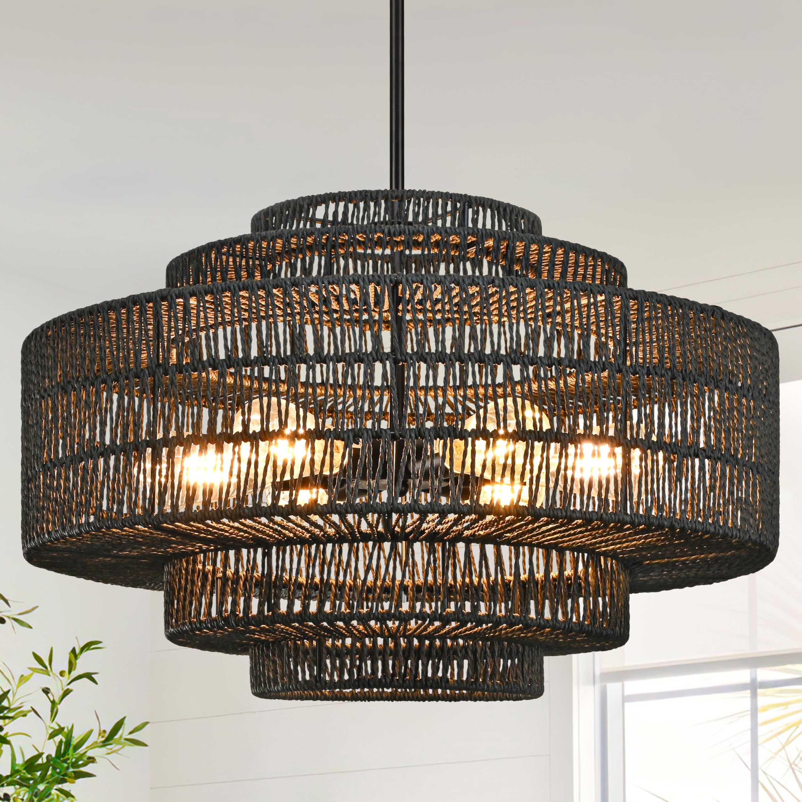 AyshwillDec 24 6-Light Black Rattan Chandelier Woven Rattan Pendant Light Boho Wicker Pendant Lighting Fixture Farmhouse Chandel