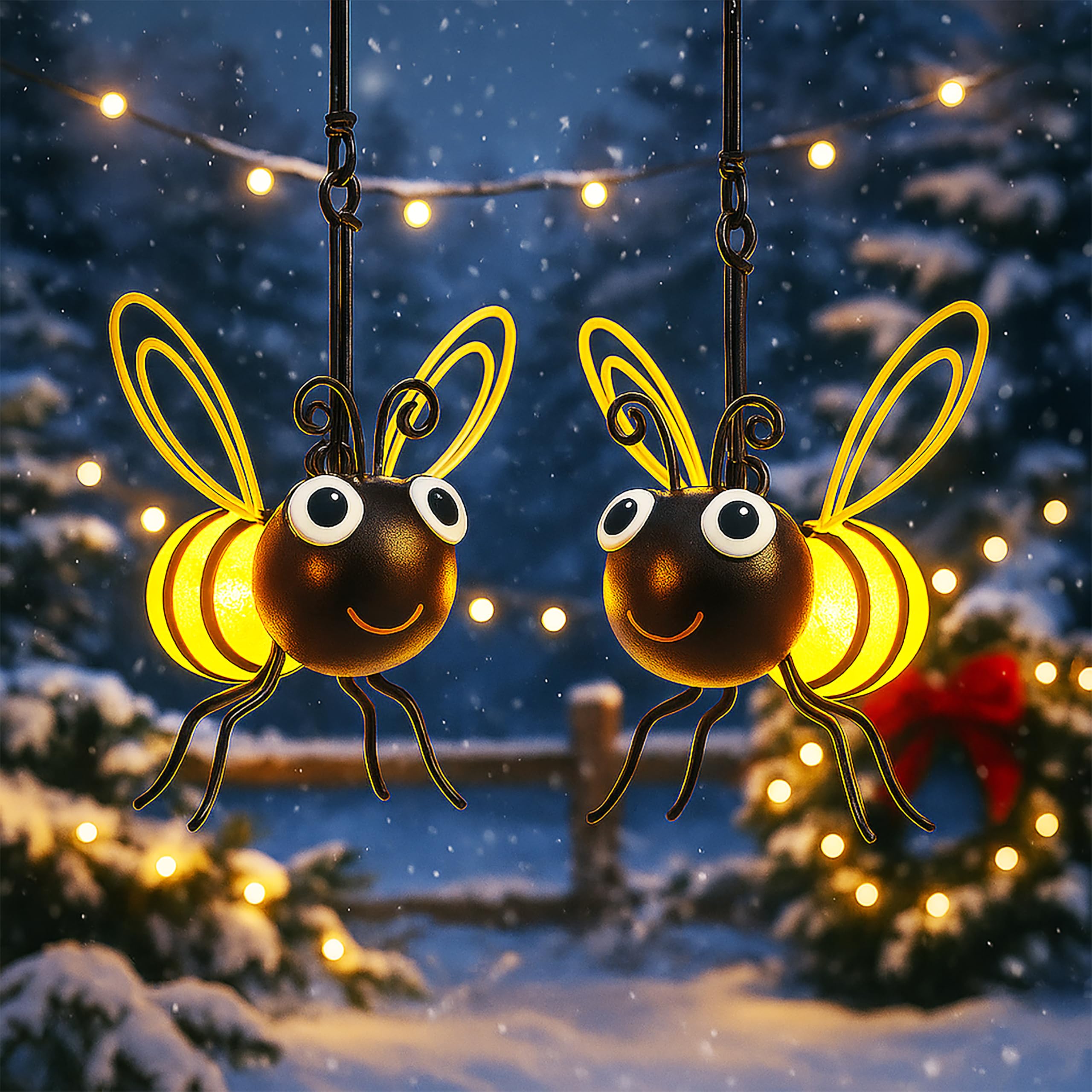 Solar Bee Lights Outdoor for Garden,- Hanging Metal Insect Lights with Hook, Waterproof Butterfly & Dragonfly Decorations for Ga
