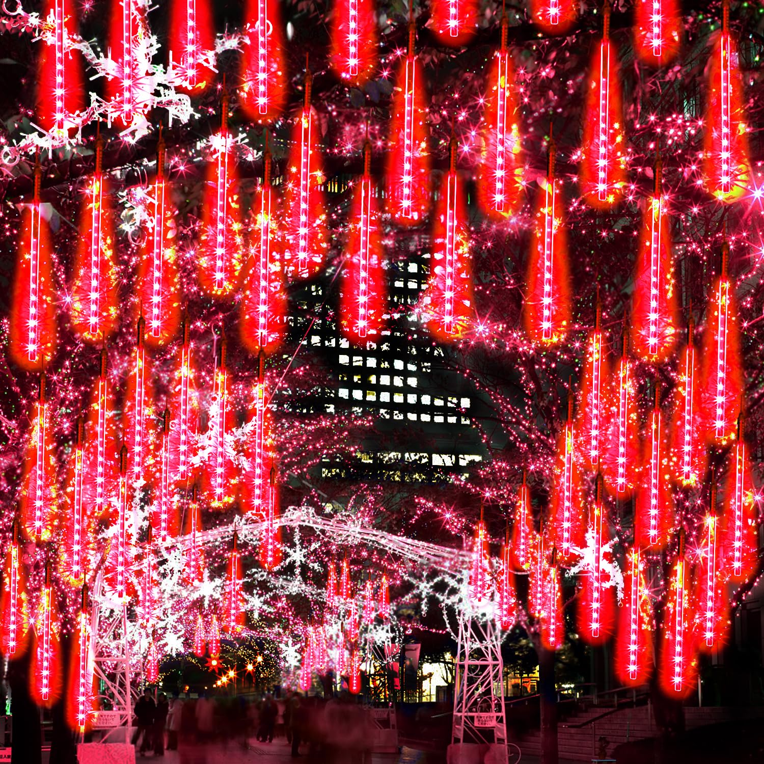 Jjgoo ?4 Pack? Christmas Lights Meteor Shower Rain Lights 20Inch  Totally 40 Tube 1440 Leds Icicle Light Outdoor Raindrop Light For Xmas Halloween Wedding Party Tree Holiday Decoration  Red