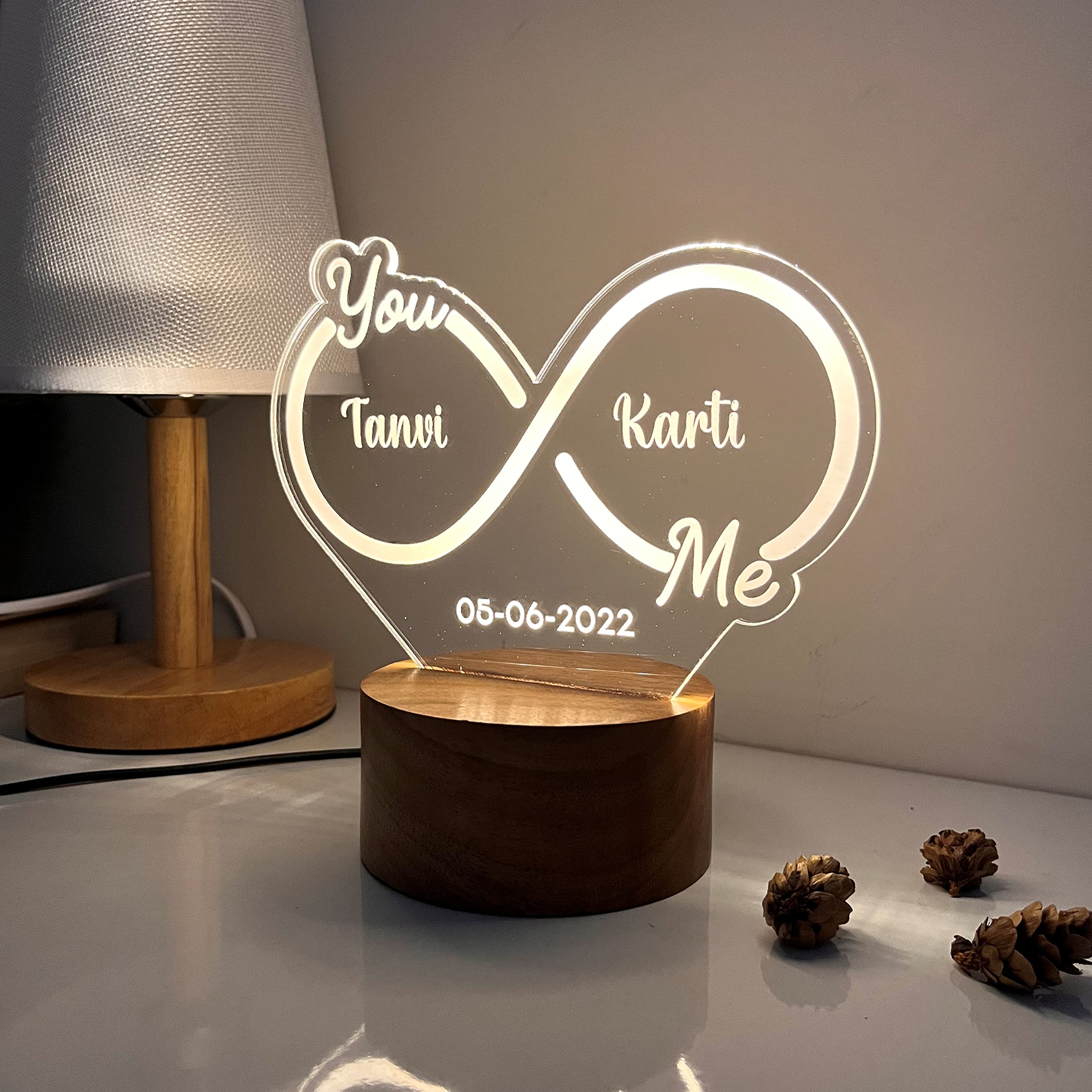WOWOOD Anniversary Gift For Couple Wedding Gift LED Lamp Love Night Light (Infinity Design, Wood, Warm White, Pack Of 1)