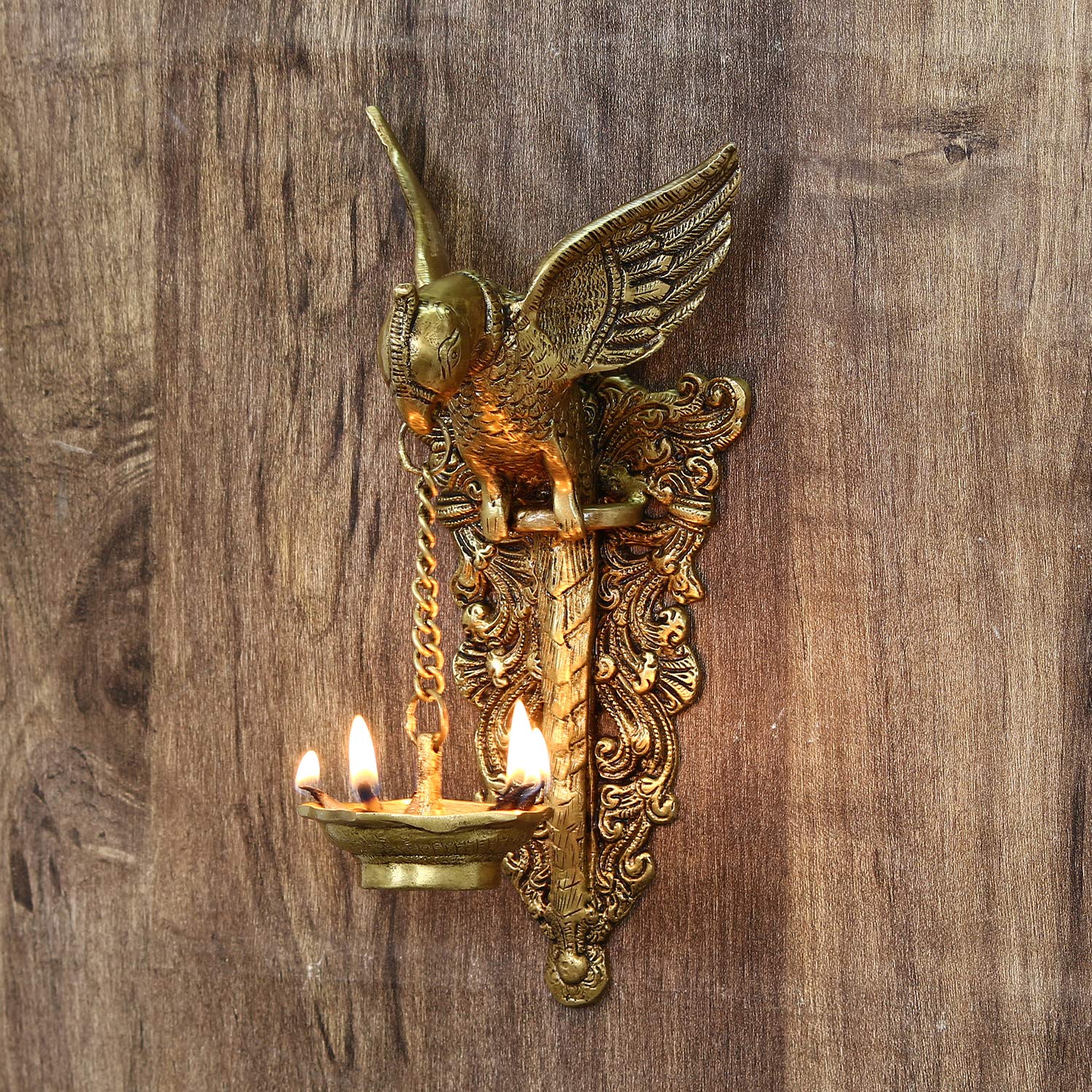 eCraftIndia Decorative Handcrafted Brass Bird Wall Hanging with Diya for 5 wicks