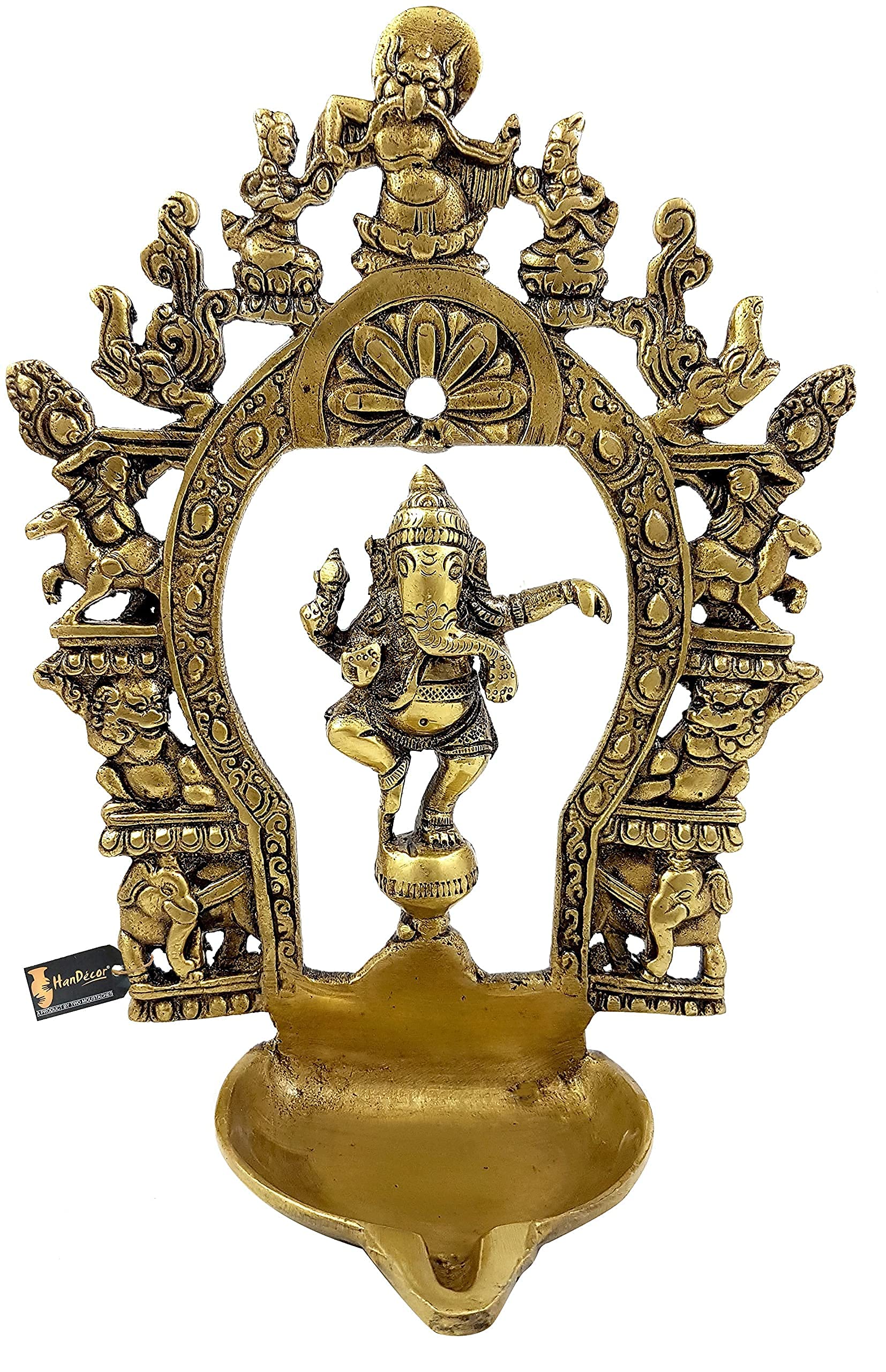 Two Moustaches Brass Ethnic Indian Carving Dancing Ganesha Design Diya with Prabhavali Frame, 9 Inches, 1 Kg, Antique Yellow, St