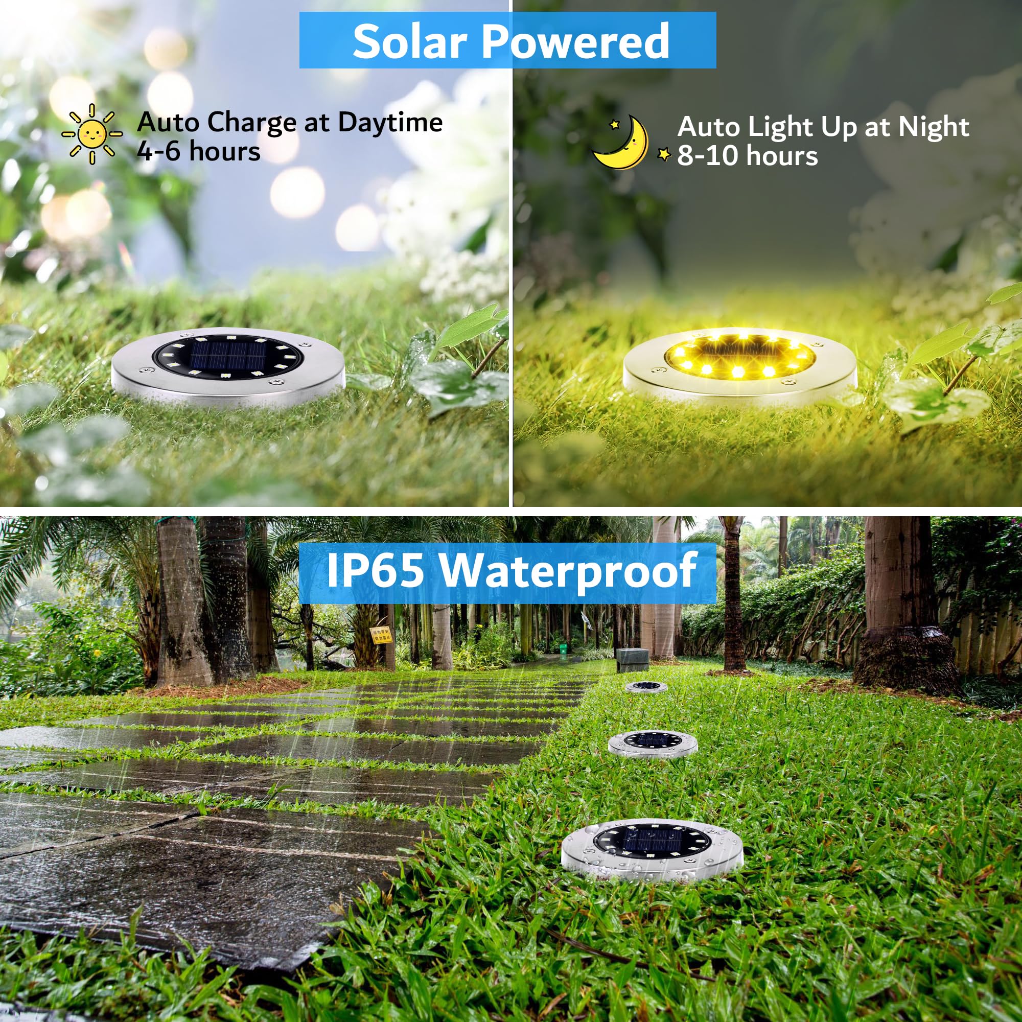 Biling Solar Ground Lights, 12 Pack, 12 LEDs, Waterproof, Stainless Steel, Warm White, Model BS2412