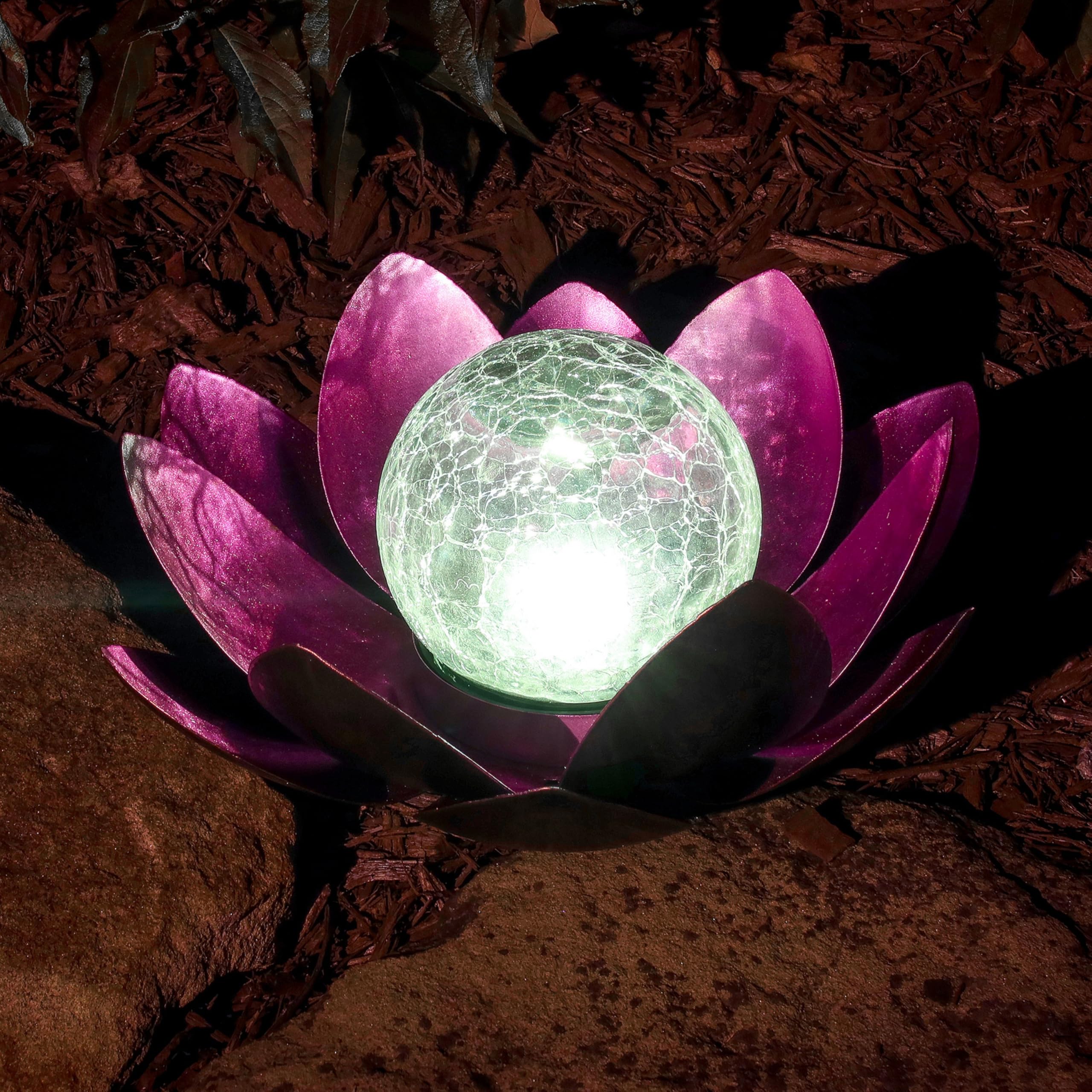 MooneLit Creations MCSLOTUS-V Violet Lotus Flower Solar LED Garden Light with Crackled Glass Globe - Waterproof Metal Outdoor D 
