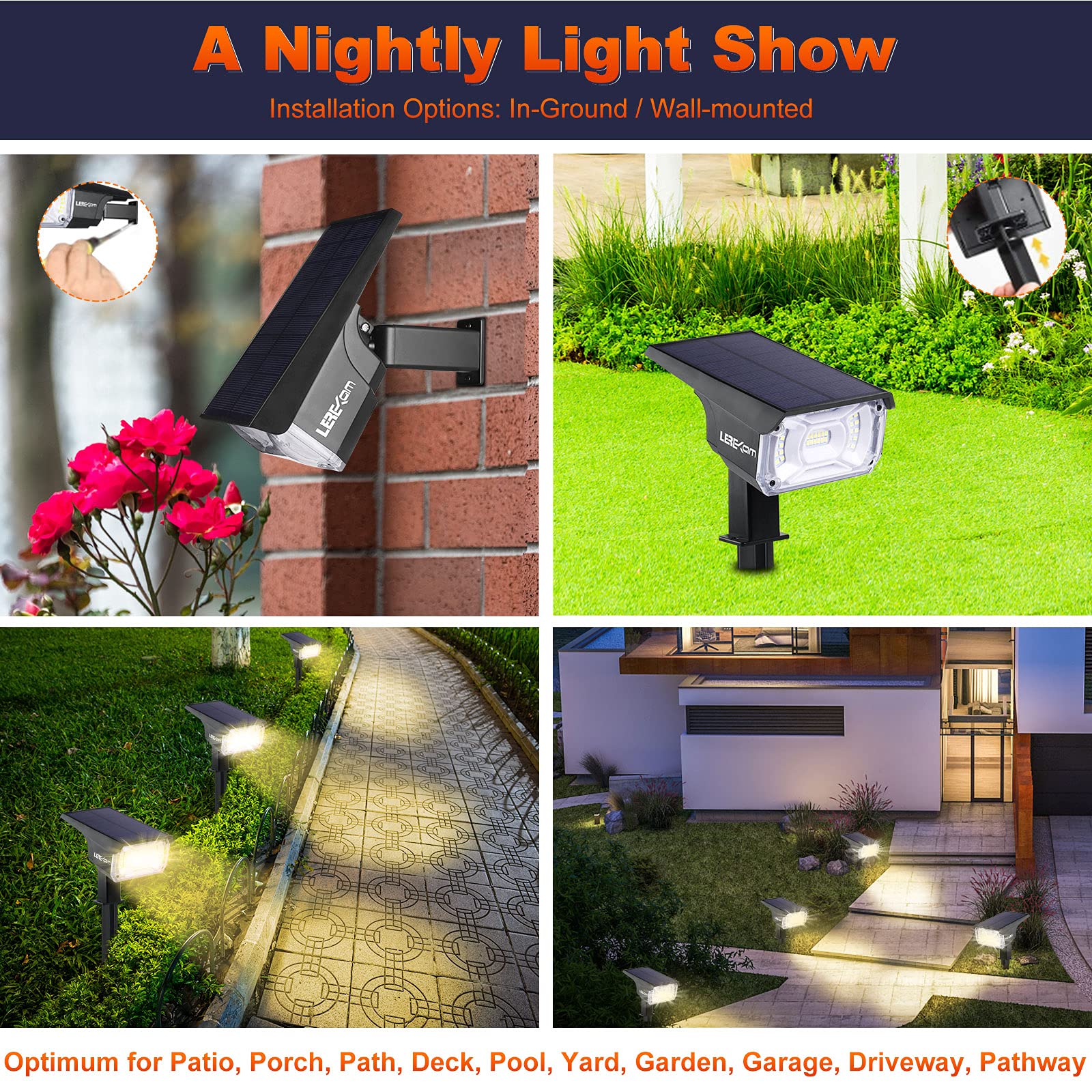 Lerekam 40 Led Solar Spotlights - Ip65 Waterproof 2-Pack Warm White Outdoor Wall Lights