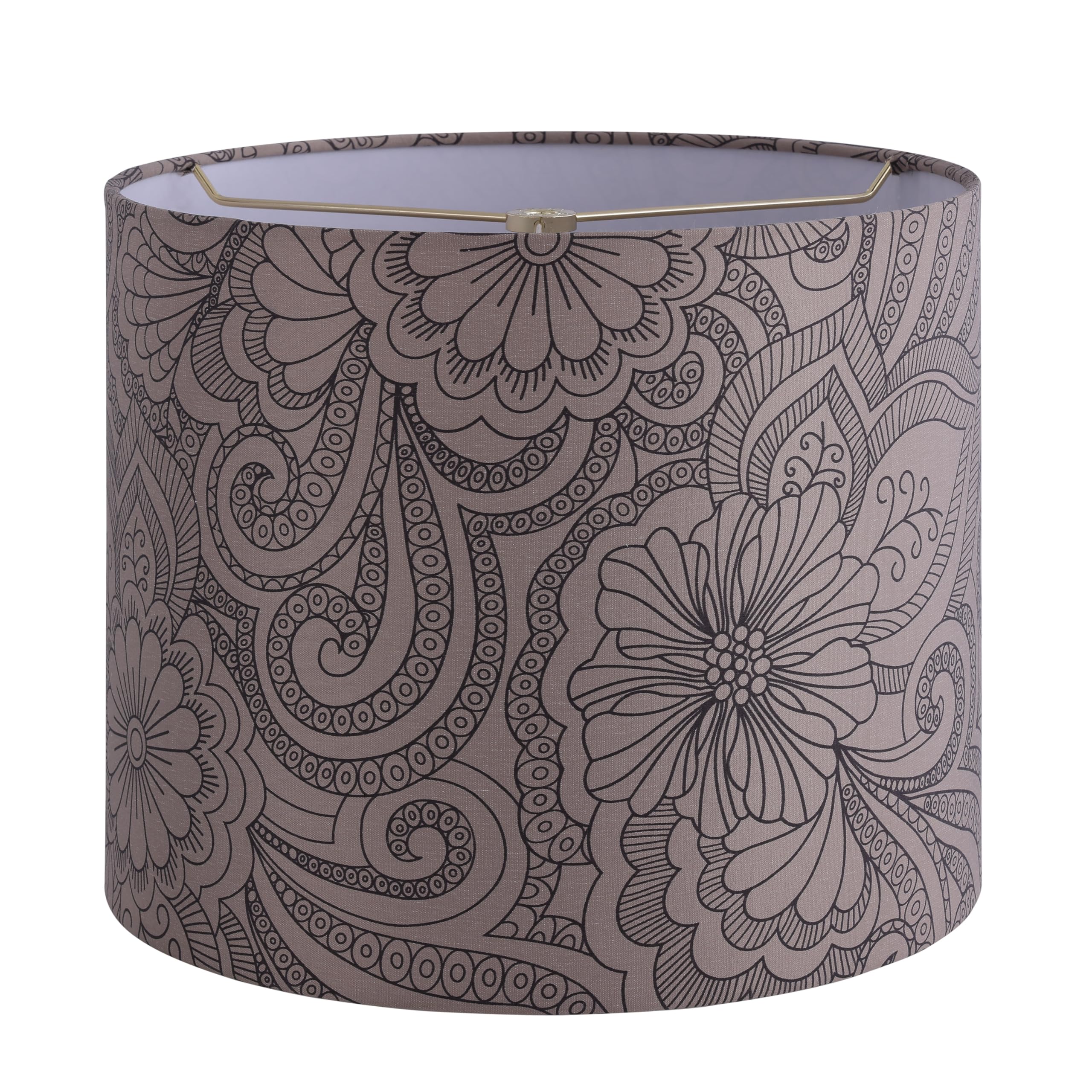 Aspen Creative Drum Lamp Shade, 12in Wide, Beige with Black Floral Design, Model 31108, Tetoron/Cotton Material