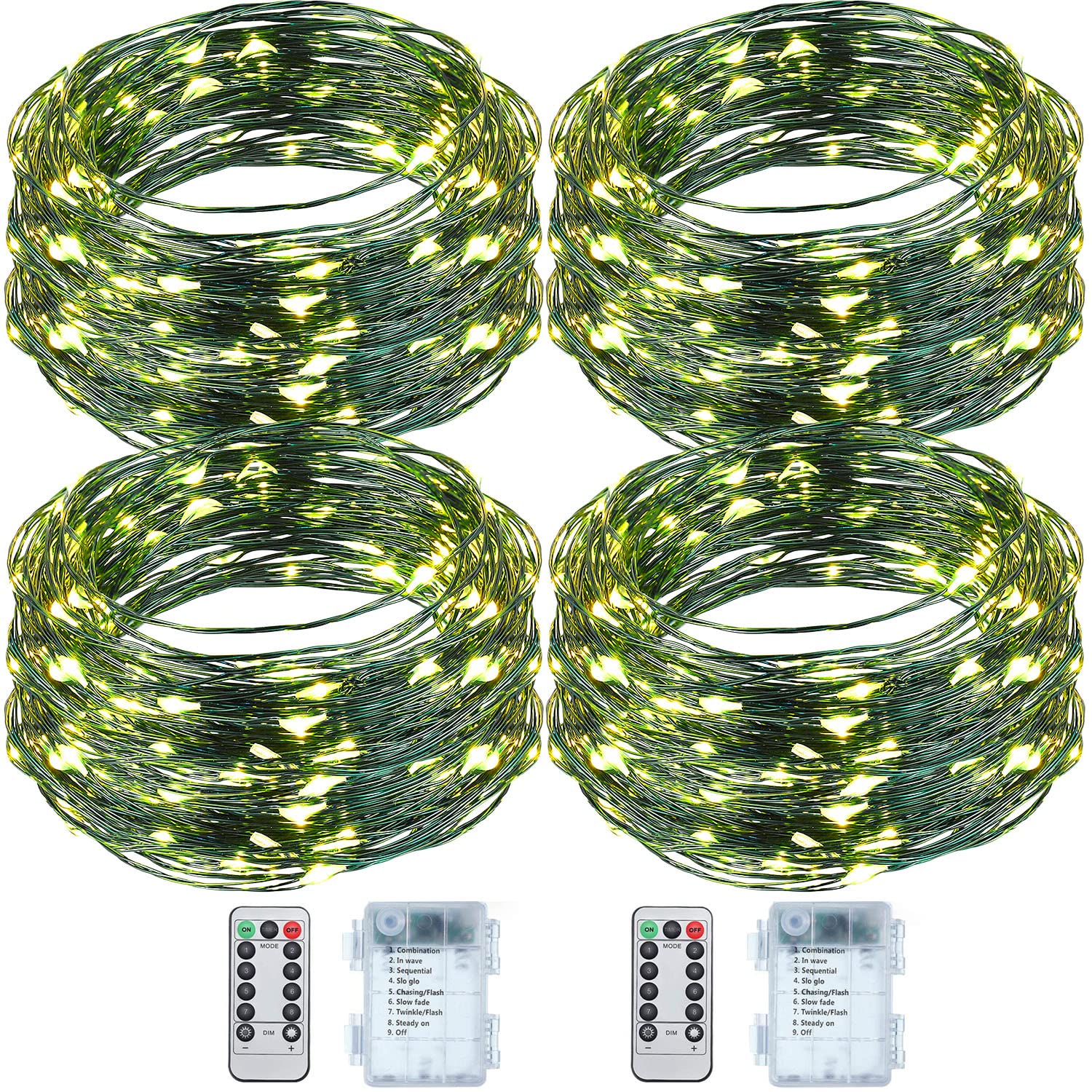 Remagr 4 Pack Christmas Fairy String Lights Outdoor Green String Lights 33 ft/10 M 100 Warm White Wire 8 Modes for Christmas Gar
