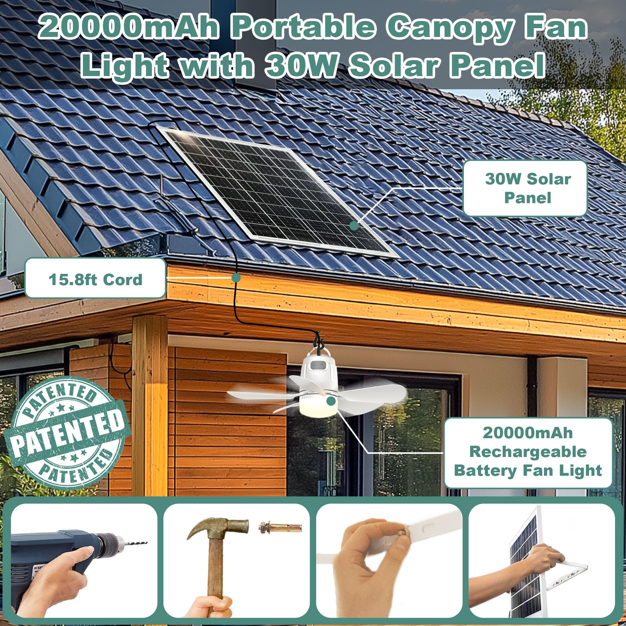 Gliztech Solar Ceiling Fan Light - 30W Remote Control Fan for Outdoor Use - 20'' White - Model SSDSFL006