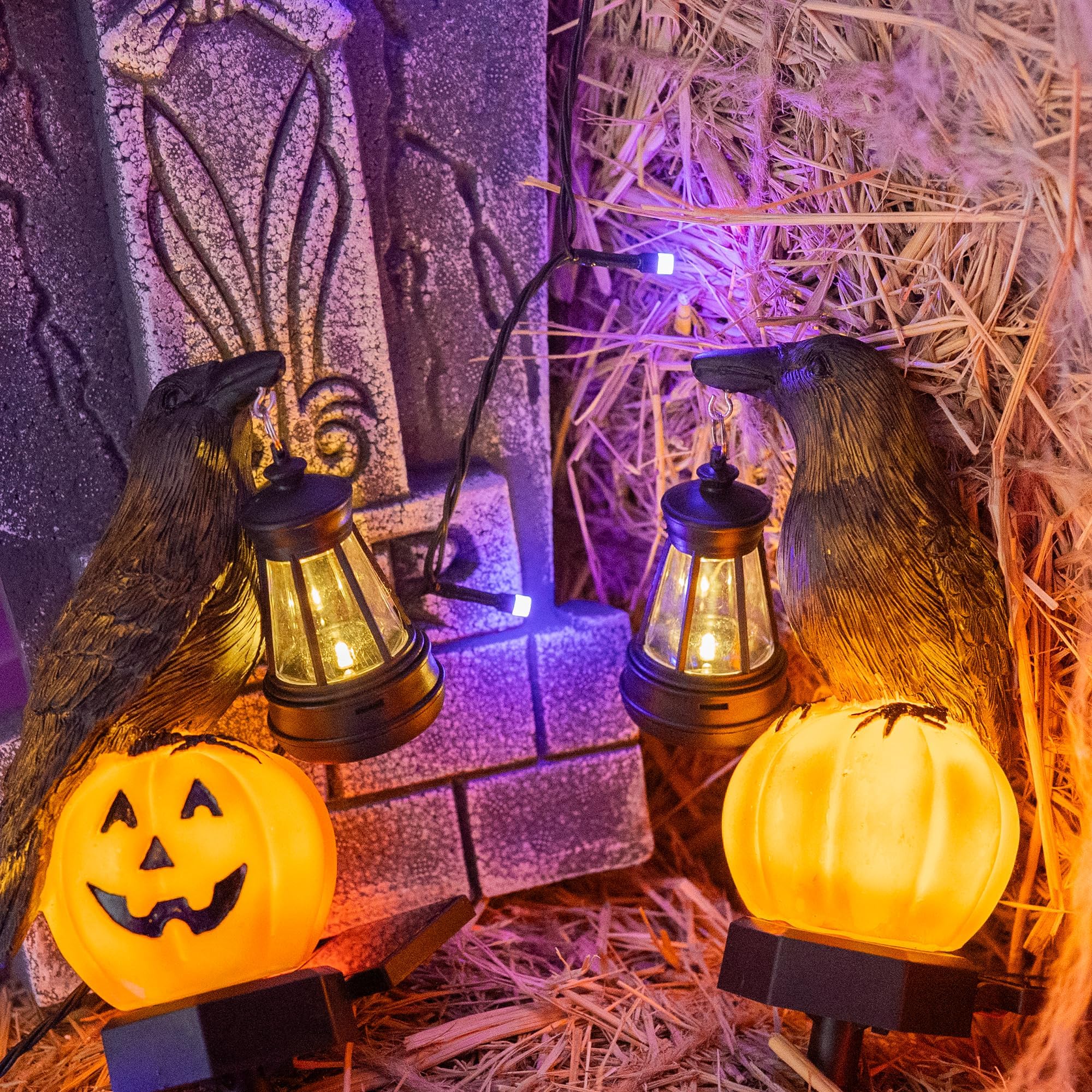 Dazzle Bright 2 Pack Halloween Crow Pathway Lights Outdoor  Solar Powered Resin Crow With Pumpkin Walkway Lights  Stake Light For Halloween Pathway Garden Lawn Yard Gifts Decoration