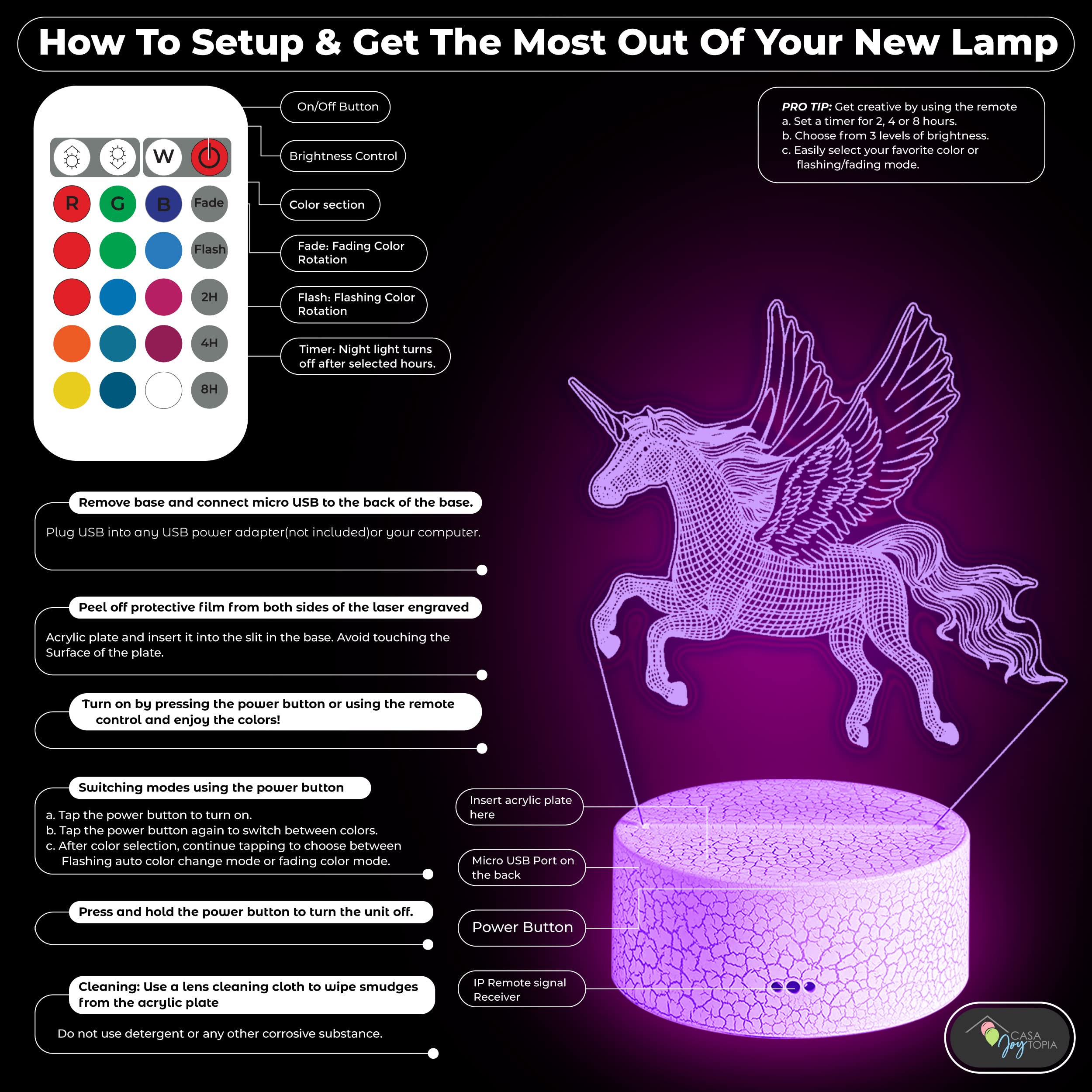 Casa Joytopia Unicorn Night Light For Girls - Creative And Fun 3D Night Light For Kids To Fall Asleep To With Automatic Timer To Switch Off