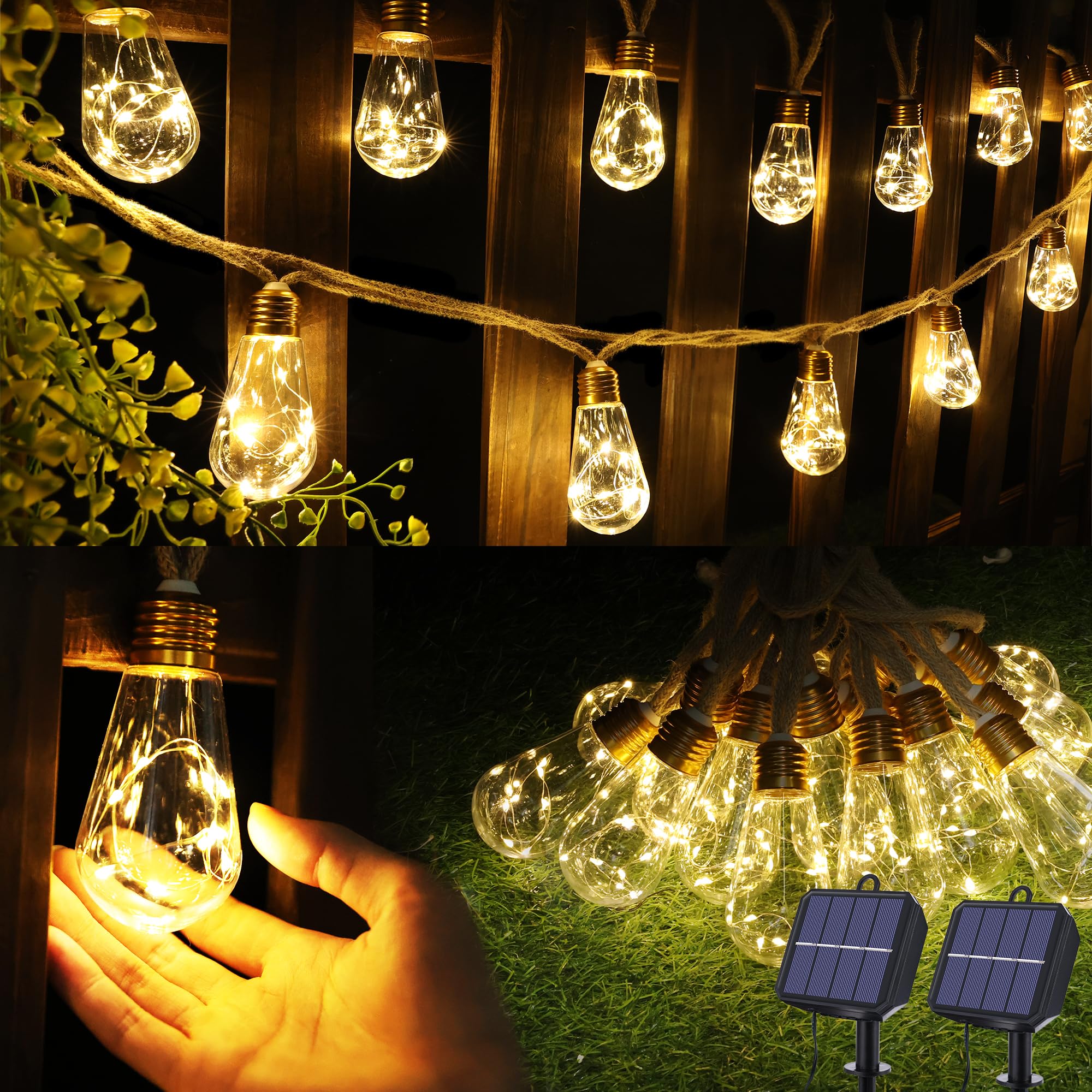 Solar Outdoor String Lights, 2 Pack 20Ft Vintage Rope Hemp Solar Patio Lights, Waterproof Warm White Solar Powered String Lights
