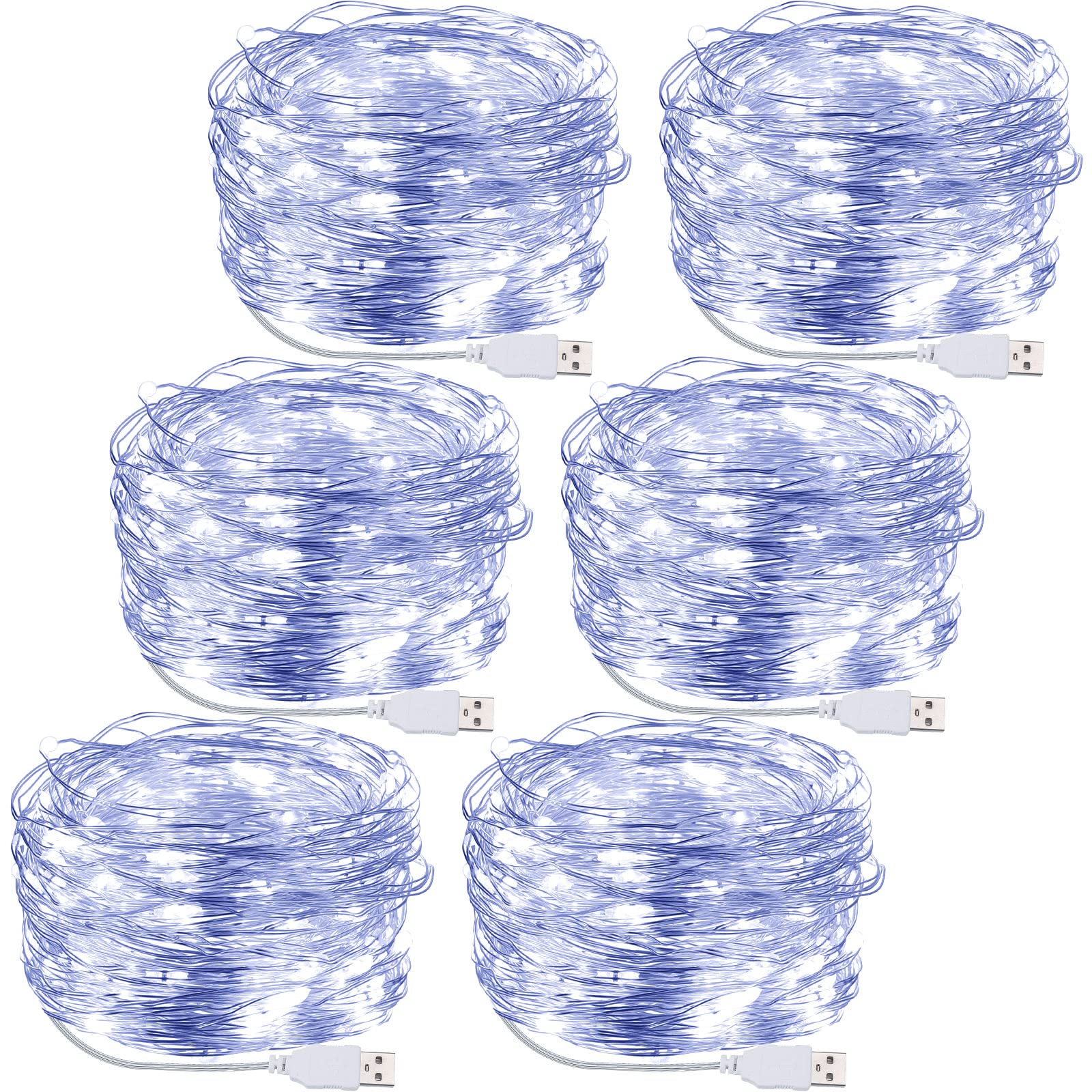 Macarrie USB String Lights 33 ft 100 LED Fairy Lights Powered String Lights for Indoor Outdoor Wedding Party Tree Home Festival Garden Decoration (Cool White, 6 Pcs)