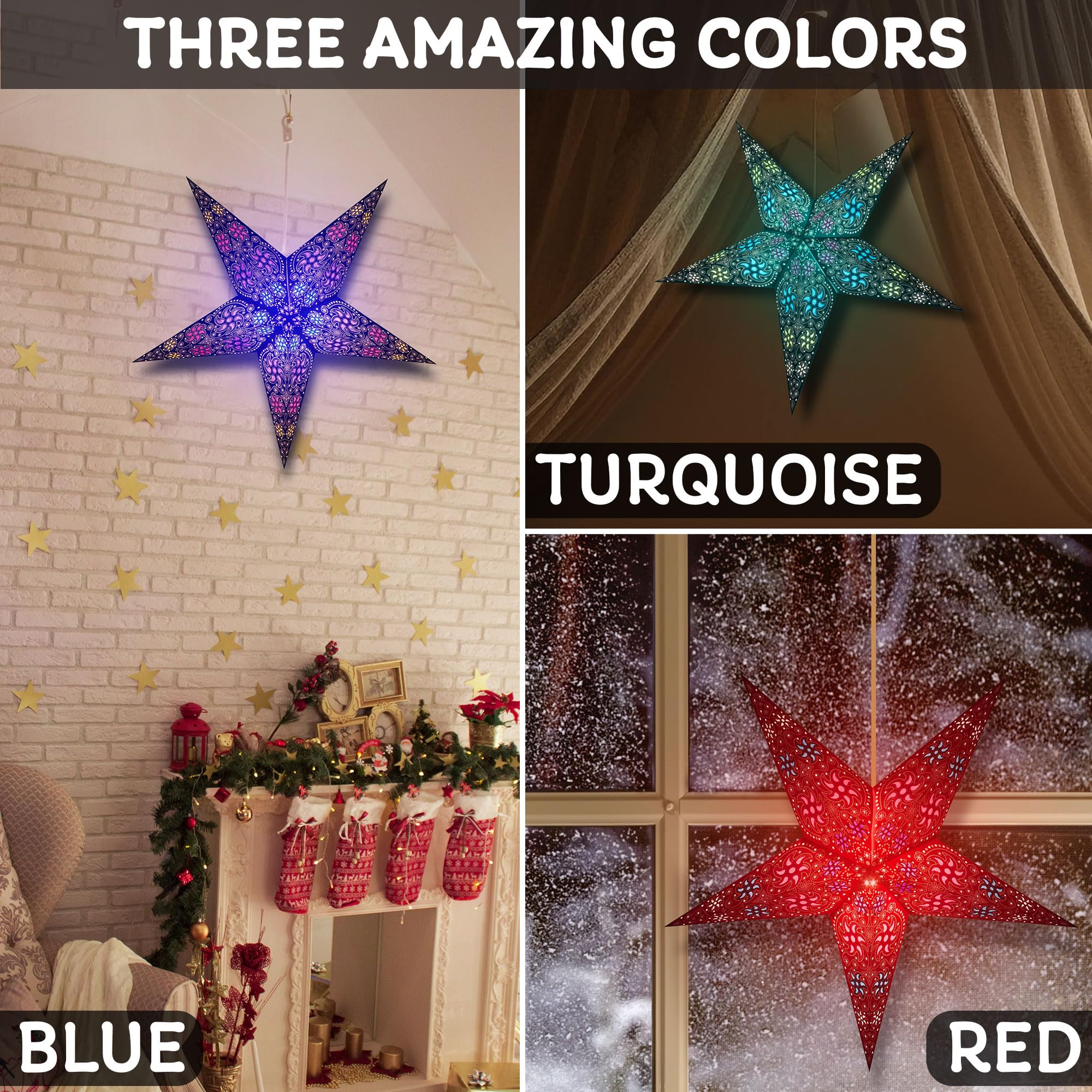 GalaxyArts Paper Star Lantern, 24 Inch, Medium, Chakra Red, 3D Hollow Out, Fairy String Lights for Indoor Outdoor Decoration