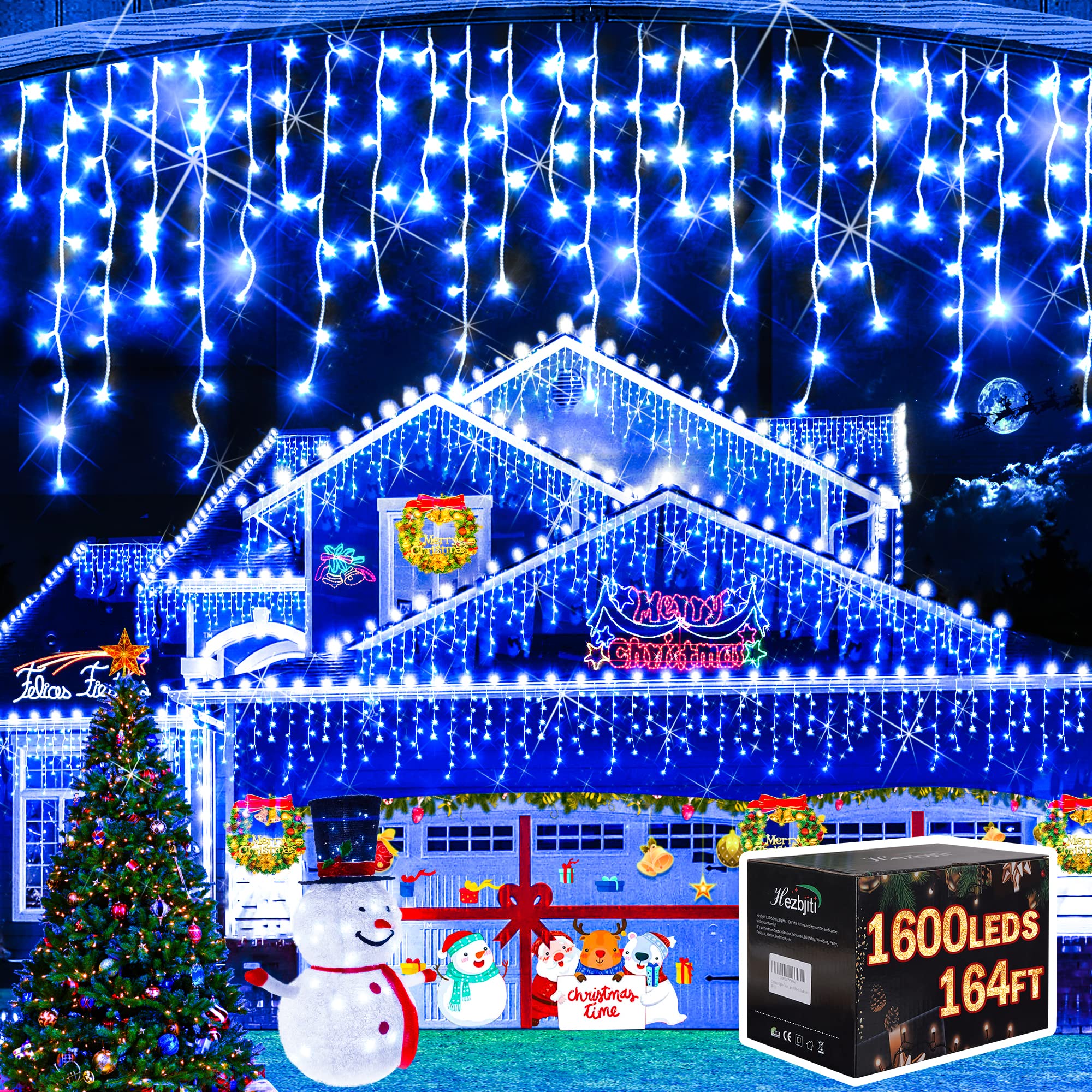 Hezbjiti Christmas Lights Decorations Outdoor, 1600 LED 164 FT 8 Modes Rain Drops Fairy String Curtain Lights for Christmas Decor Eaves Window Party Yard Garden Indoor(Blue, 1600LED 164FT)
