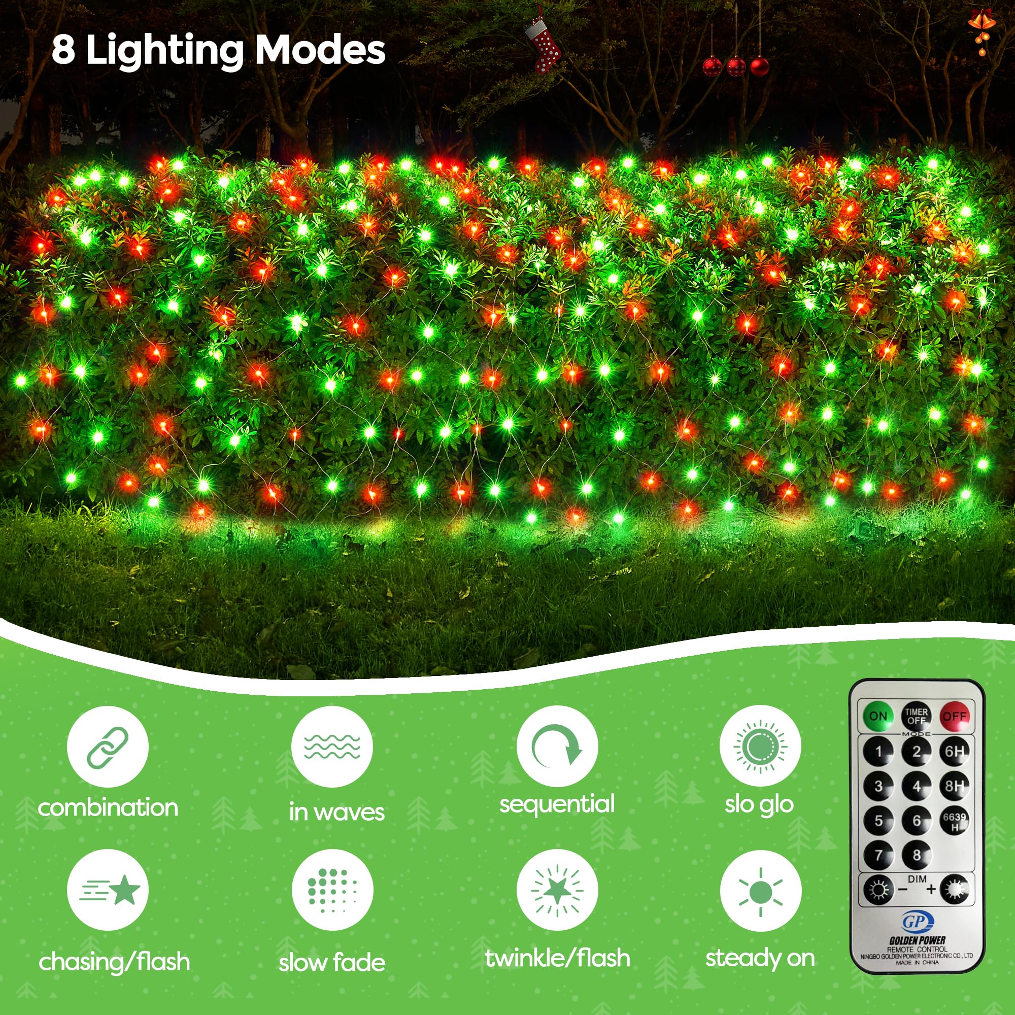 Wbao Christmas Lights, 200Led 9.8Ft X 6.6Ft Christmas Bush Lights, 8 Modes, Timer, End To End Connectable, Waterproof Design For