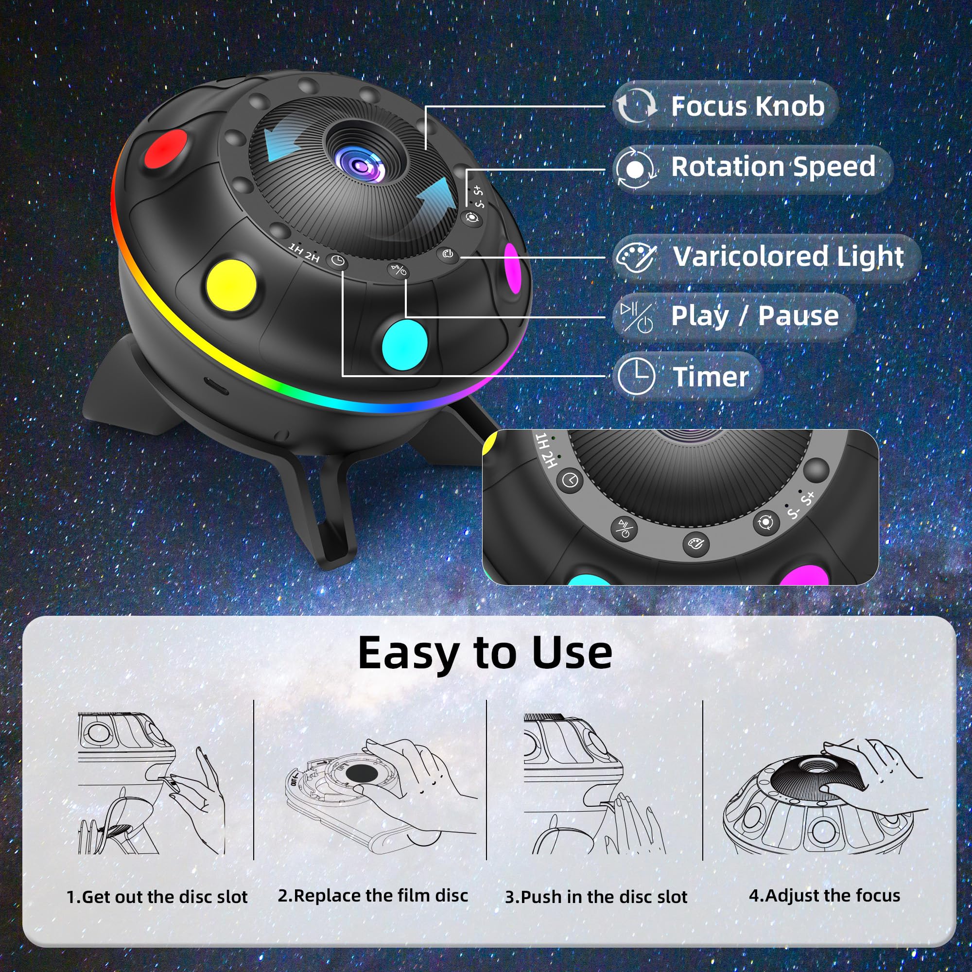 FlyEagle UFO Galaxy Projector - 12 HD Film Discs, Bluetooth Speaker, Timer, Gray, Model BL-E03