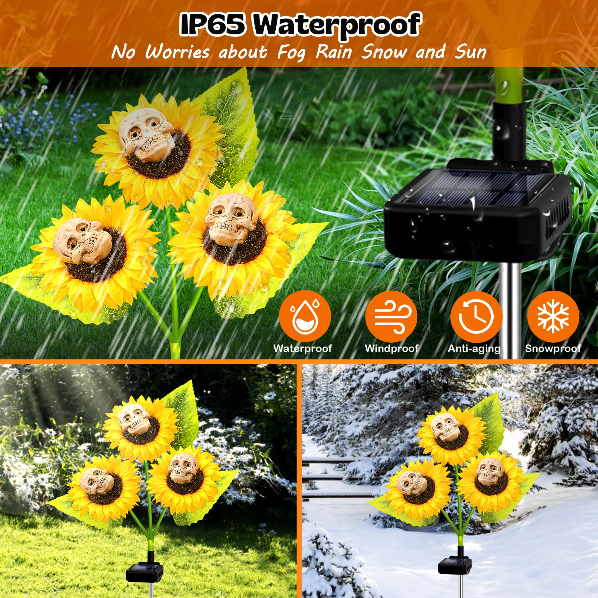 Halloween Decorations Outdoor, 2 Pack Solar Scary Skull Sunflowers Lights,Waterproof Solar Flowers Lights Solar Garden Lights For Halloween Yard Patio Lawn Party Decor
