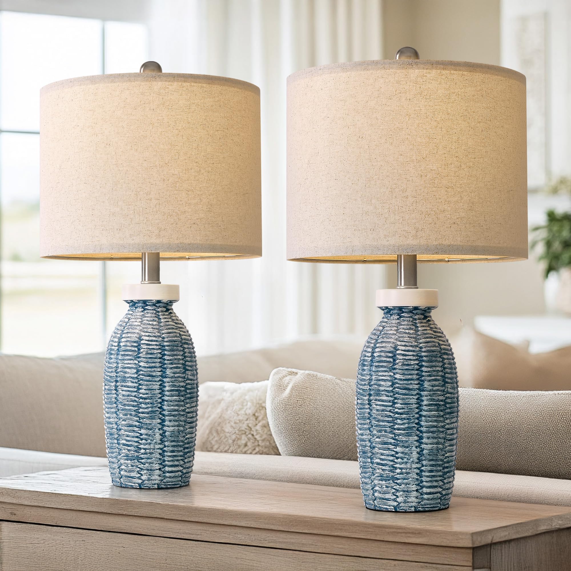 G-SAFAVA Table Lamps Set of 2, 22.75" Rustic Vintage Boho Design, Blue for Bedroom & Living Room Decor