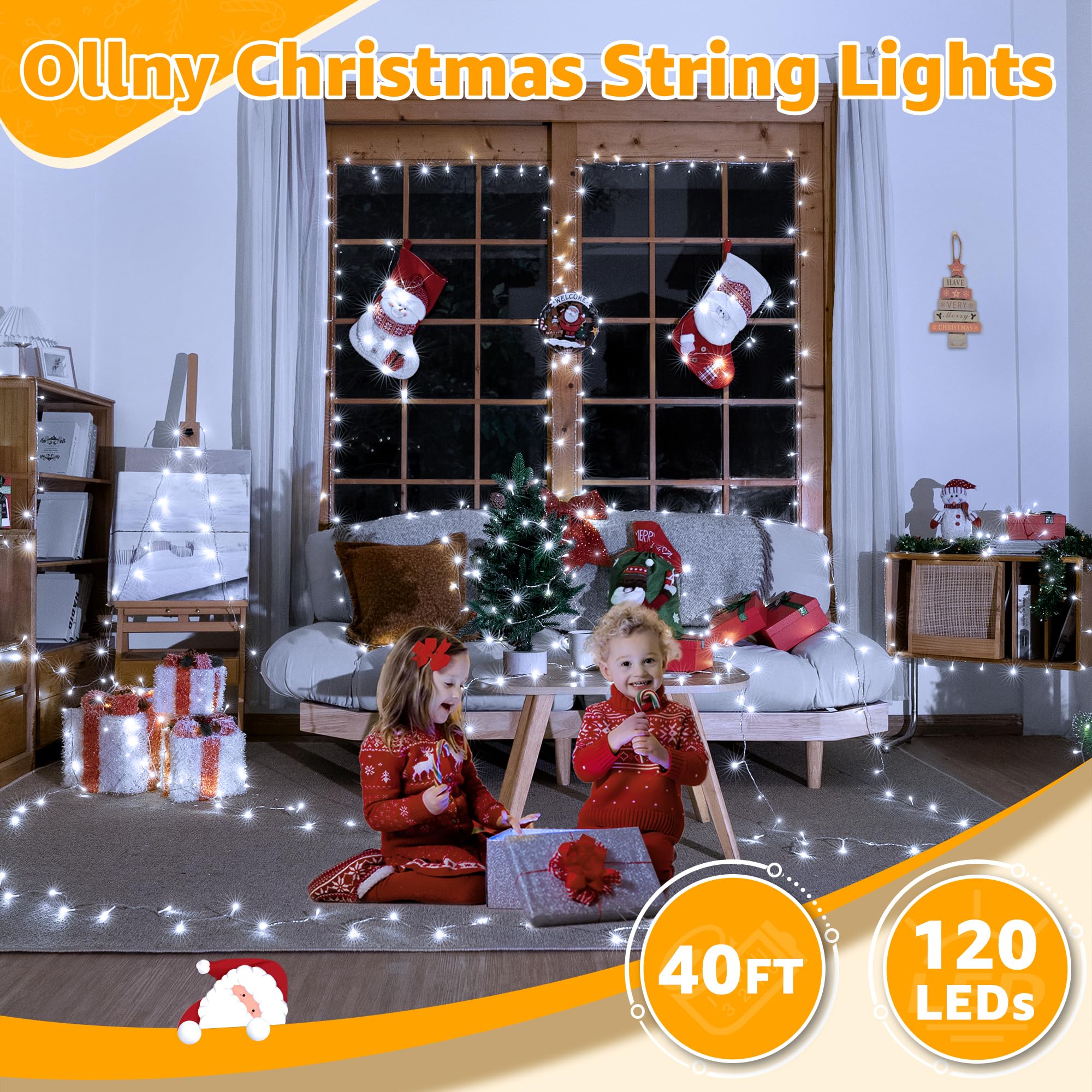 Ollny String Lights 120Led 40Ft, Cool White Fairy Lights Waterproof Connectable Timer, 8 Modes Plug In Christmas Lights For Bedroom Outdoor Party Indoor Classroom Decorations