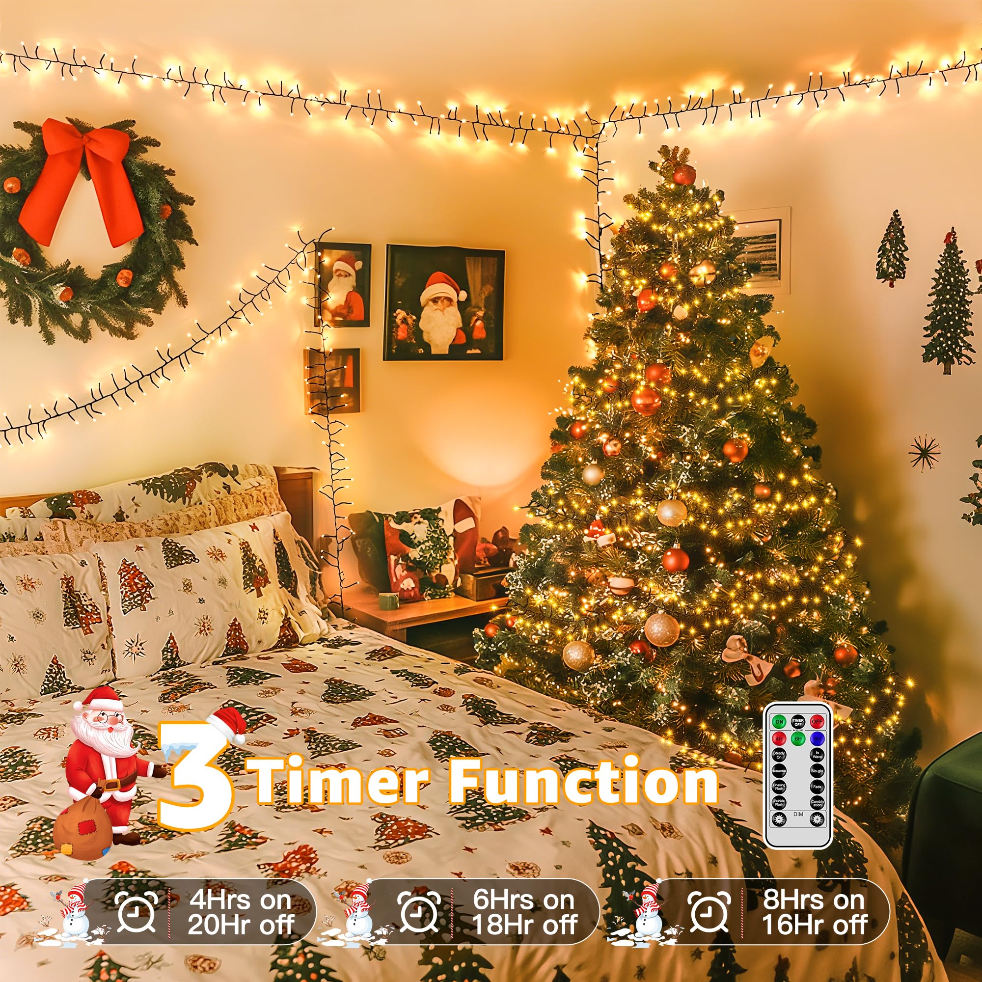 Ccinny 1200 LED Cluster Lights, 59 FT Warm White String Lights with Timer & Remote, Waterproof for Indoor/Outdoor Xmas Decorations