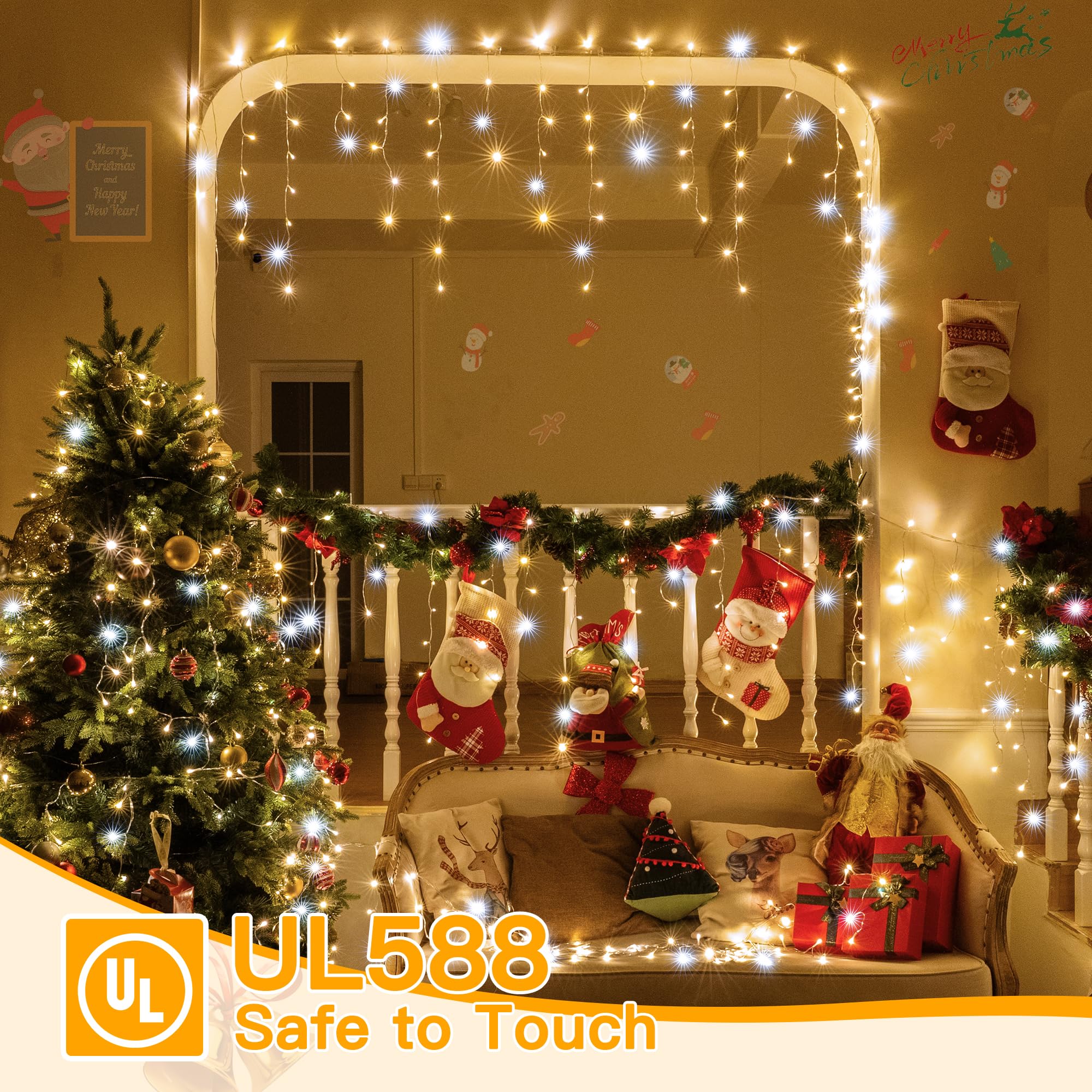 Ollny Icicle Lights For Outside 486Led 40Ft, Warm White With Twinkling Cool White Christmas Light, Plug In Connectable Waterproo