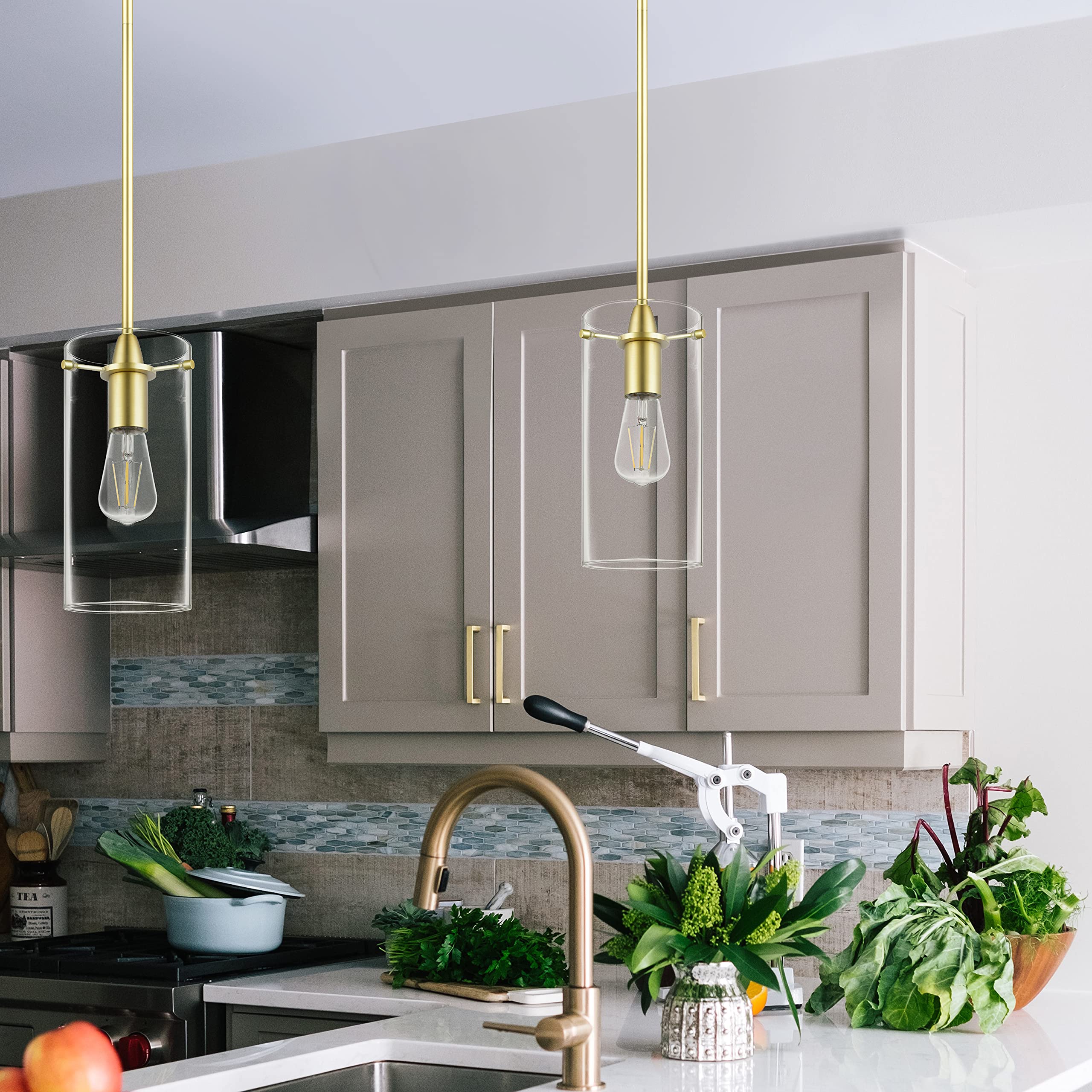 Linea di Liara Pendant Light Fixture, Modern Gold, Large Clear Glass Shade, Model LL-P315-SB, Industrial Farmhouse Design