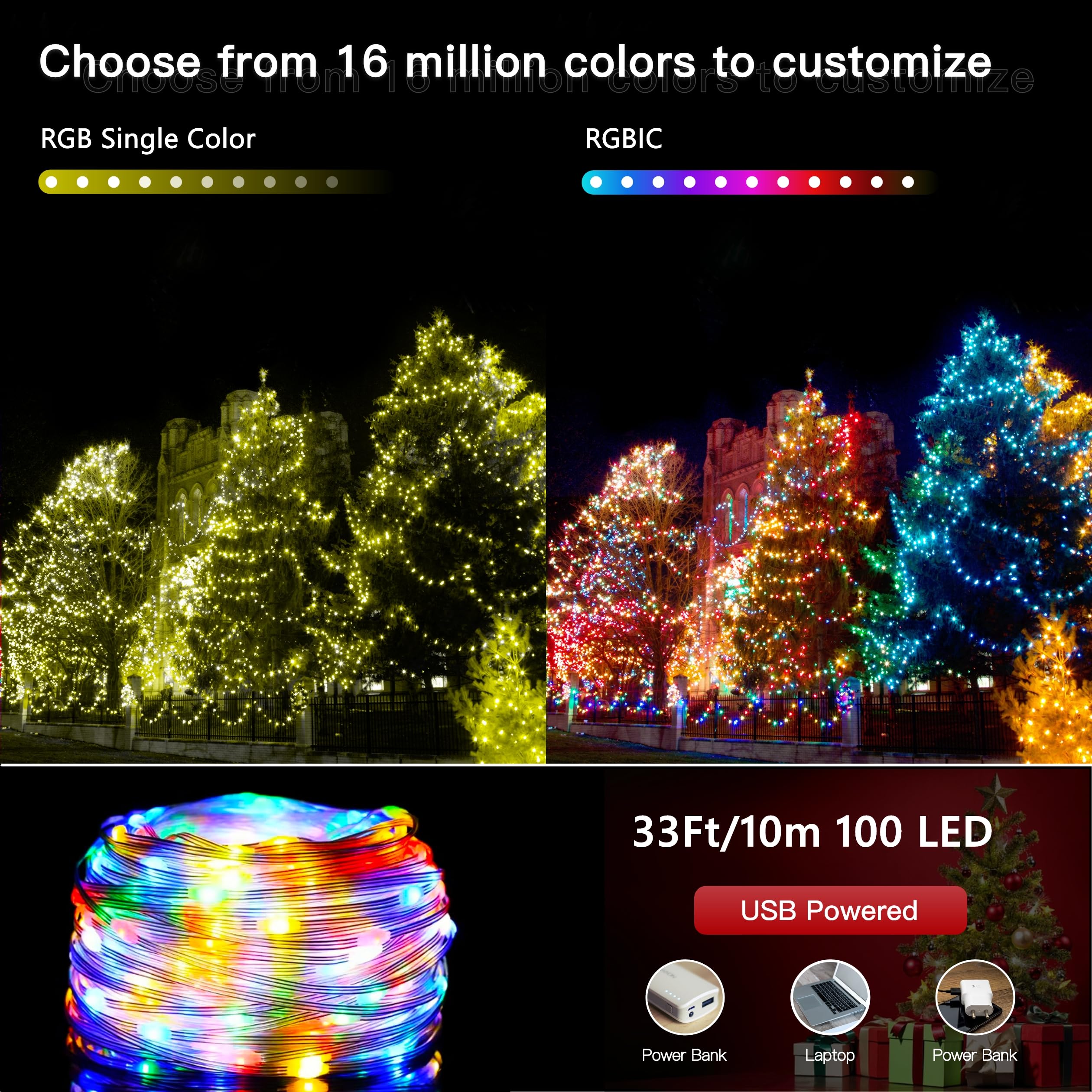 ORALUCE Smart Fairy Lights - 33Ft 100 LED, RGB Color Changing, IP65, Bluetooth & Remote Control, Model WF10100-2.4G