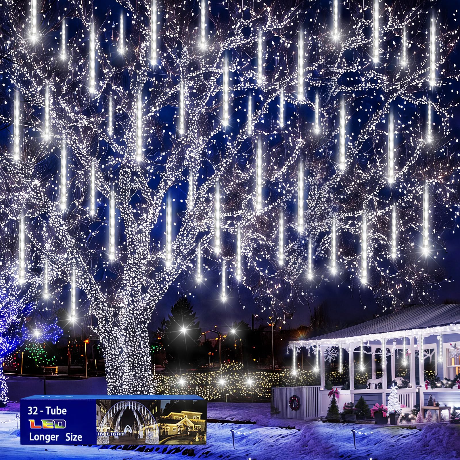 Christmas Decoration Outdoors- 32 Tubes (Equivalent to 4 Sets of 8-Tubes) Meteor Shower Rain Lights, White Falling Rain Lights f