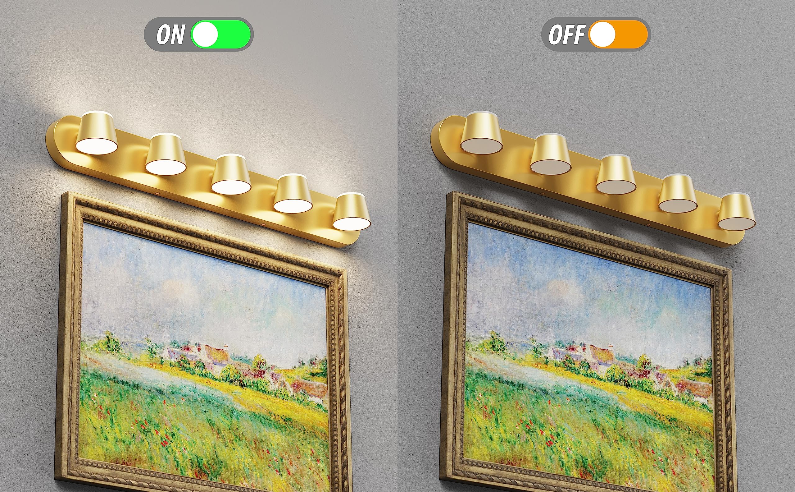 URSOLA 5 Light Bathroom Vanity Light Fixtures, LED Gold Metal Over Mirror, Dimmable, Model 7540GD-5T, 34 Inch