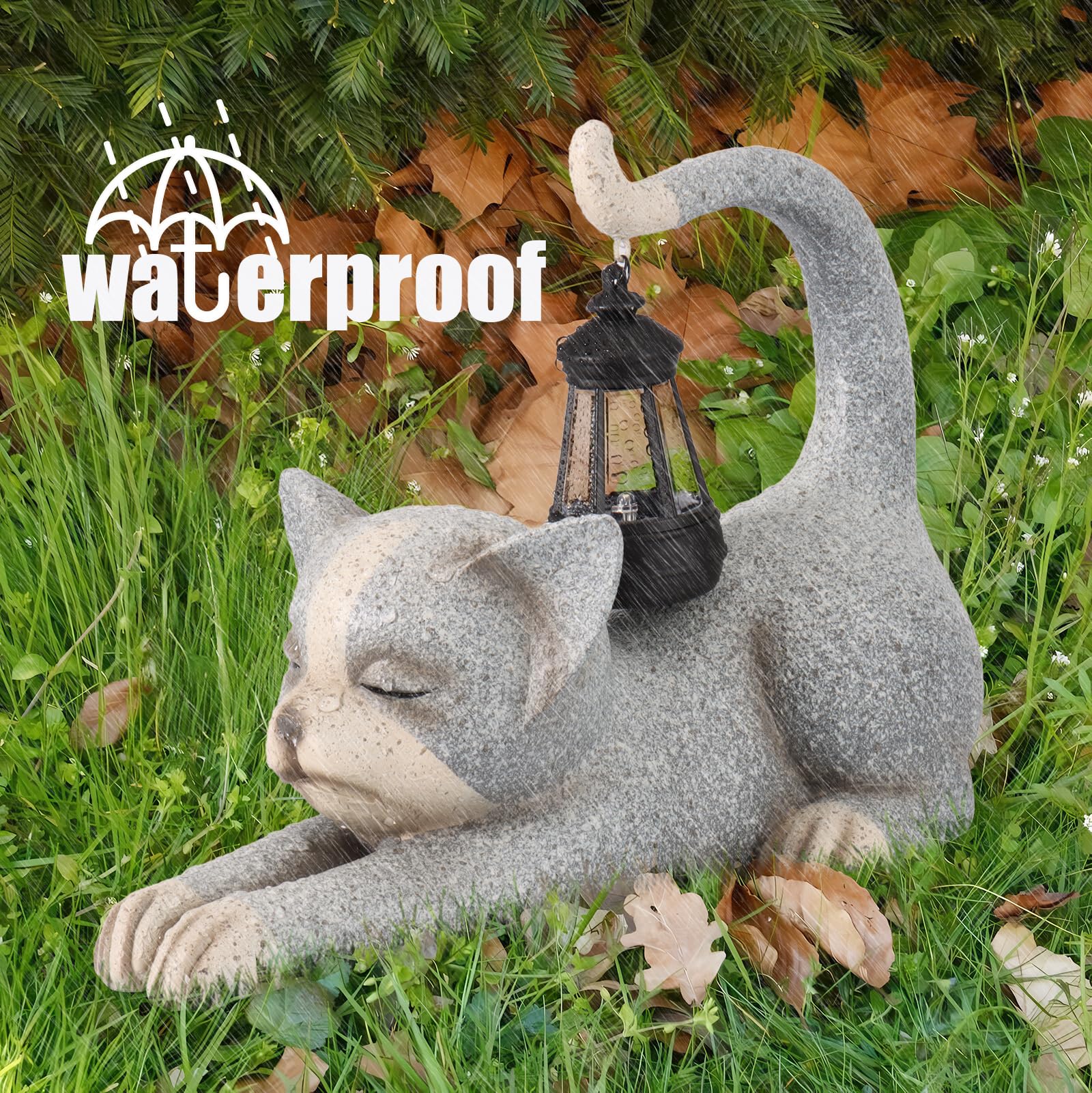 Jumphigh Garden Cat Statue With Solar Lantern, Garden Sculpture Decor Animal Figurines Cute Cat For Yard Lawn Patio Balcony Outd