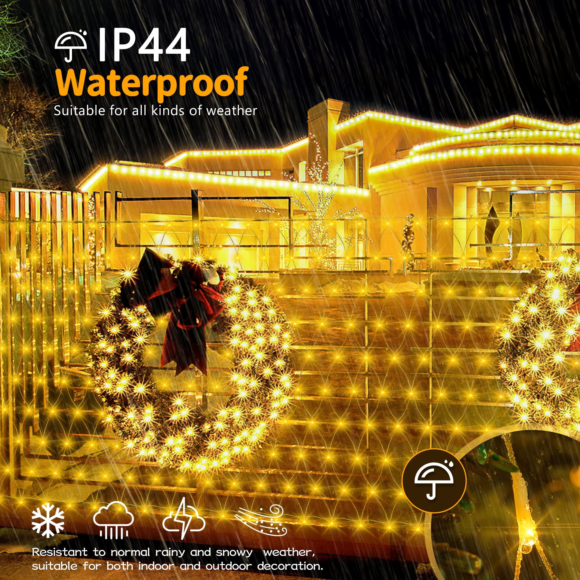 Heyfuni Net Mesh Waterproof String Lights,360Led 13Ft X 5Ft Christmas Net Lights, 8 Modes,Connectable For Indoor Outdoor, Curtain,Garden,Christmas Tree, Bush, Party, Holiday, Wall Decor (Warm White)