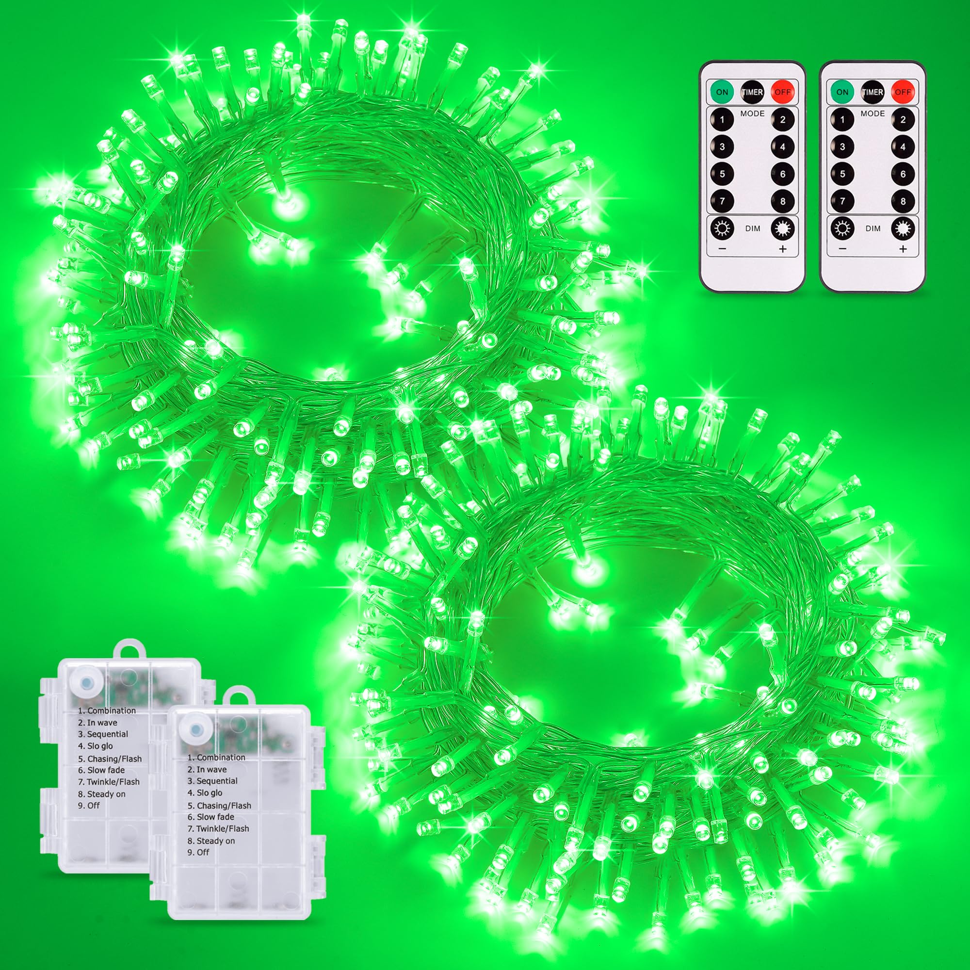 POTIVE 2 Pack Total 66ft 200 LED Green Lights for St Patrick's Day - Outdoor, Remote, 8 Modes, Werproof, Green Battery Operated 