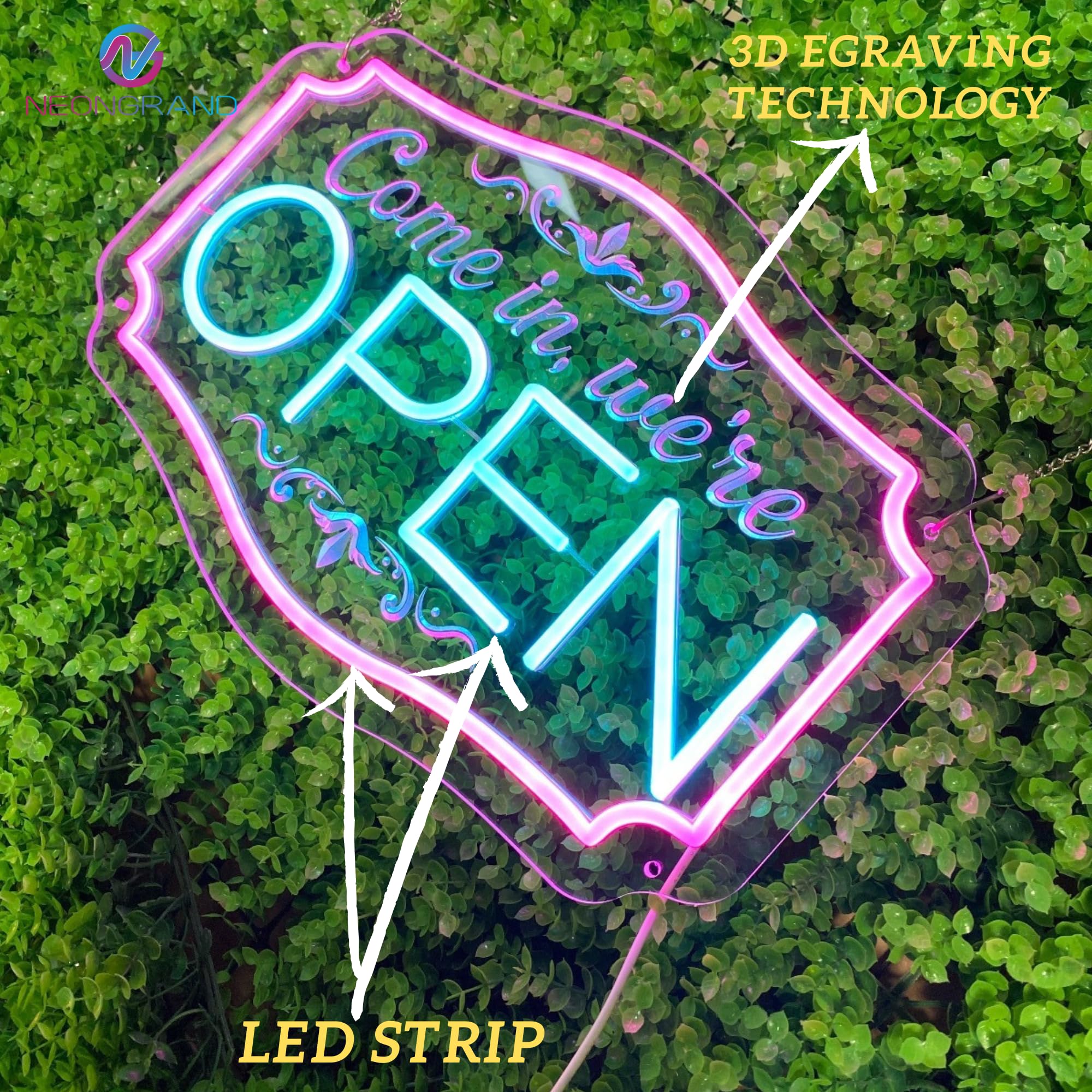 NEONGRAND LED Neon Open Sign - Adjustable Brightness, Ice Blue & Pink, 16.5x11'' - Perfect for Bars, Salons, and Stores