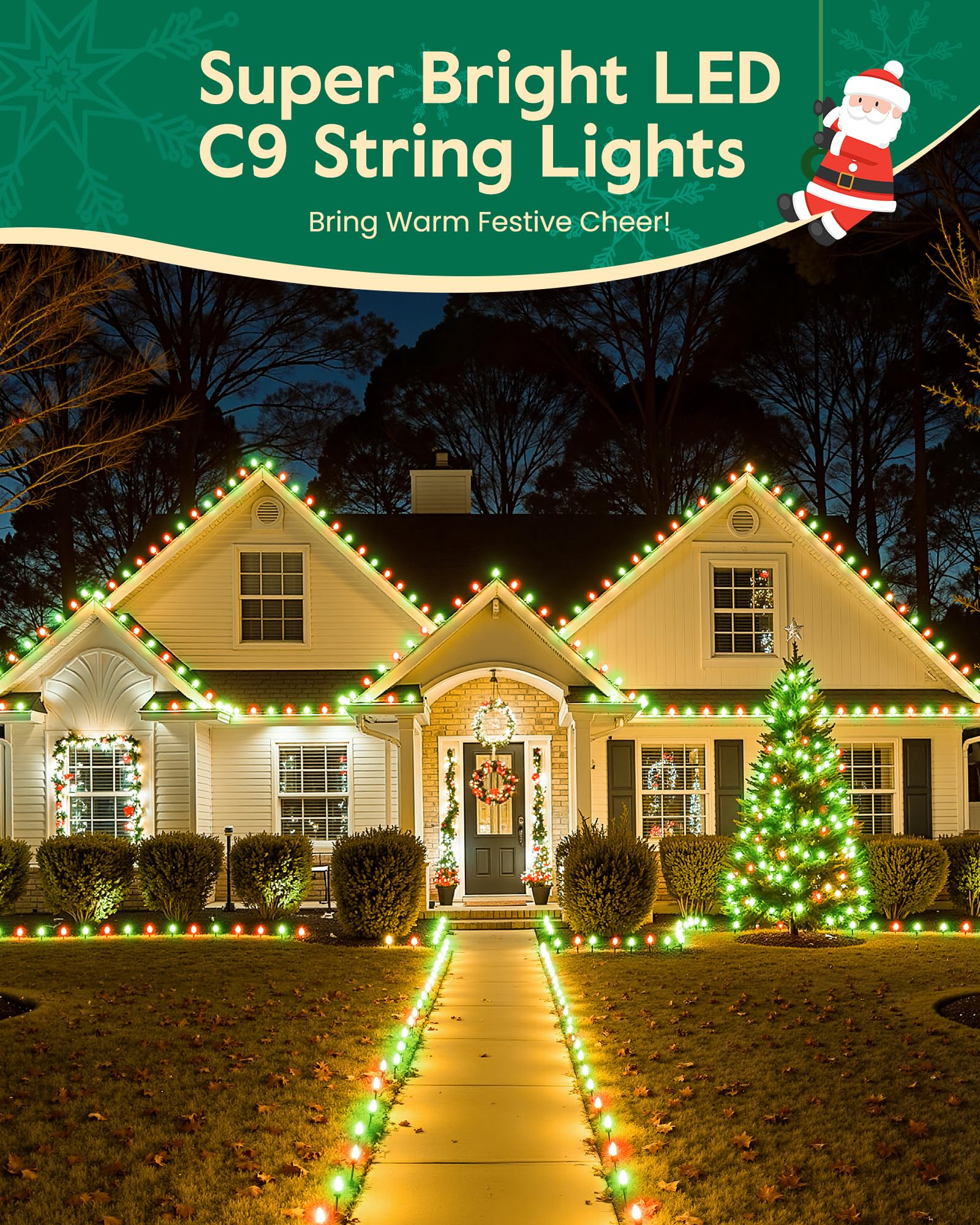 C9 Led Christmas Lights Outdoor With 110 Spring Clips  81Ft 110 Led C9 String Lights Waterproof Connectable For Roofline Patio House Yard Windows Xmas Tree Indoor Outdoor Christmas Decor  Red Green