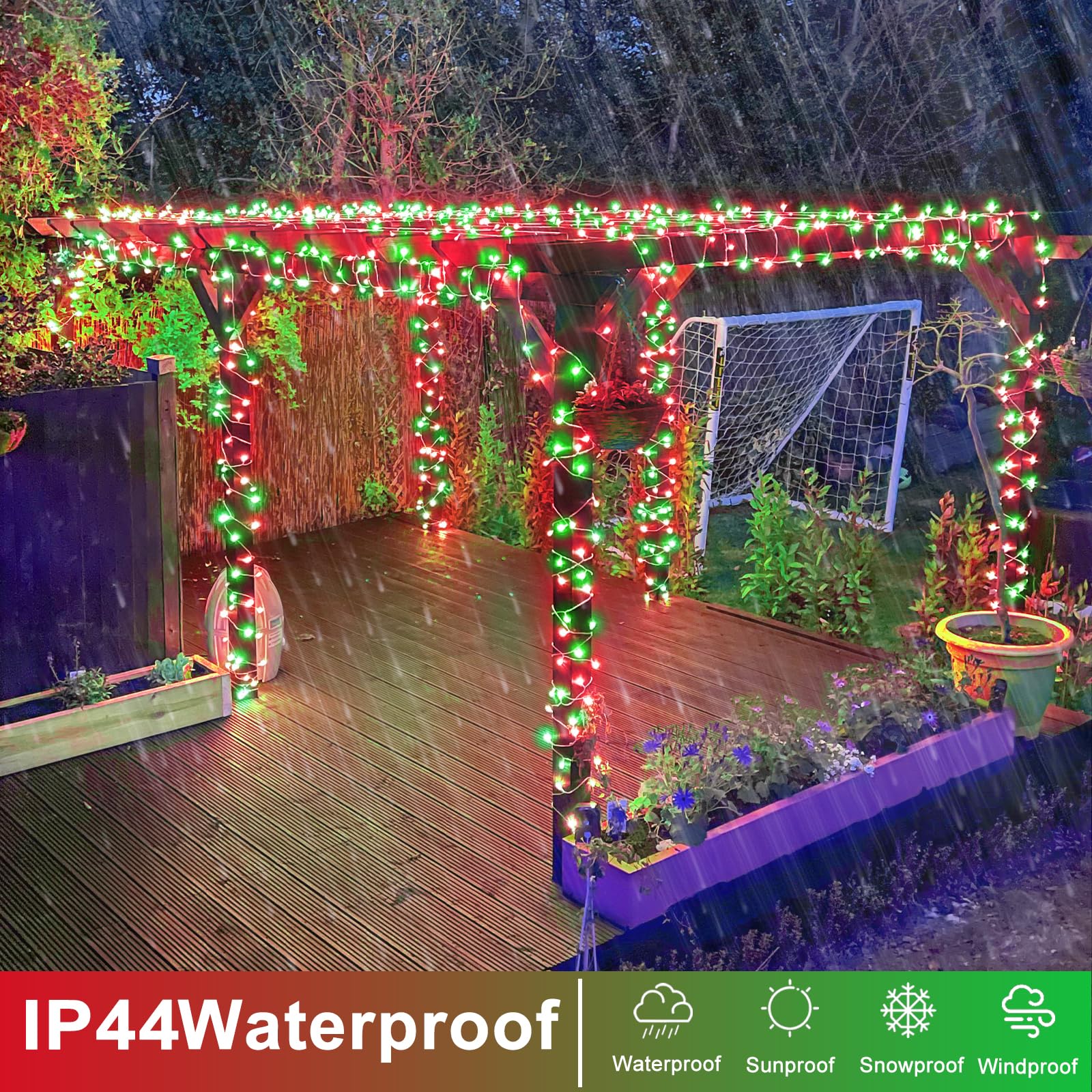 Einiiya 120 Led Christmas Lights Outdoor, Red And Green String Lights For Bedroom Clear Wire, 8 Modes Plug In Waterproof Fairy S