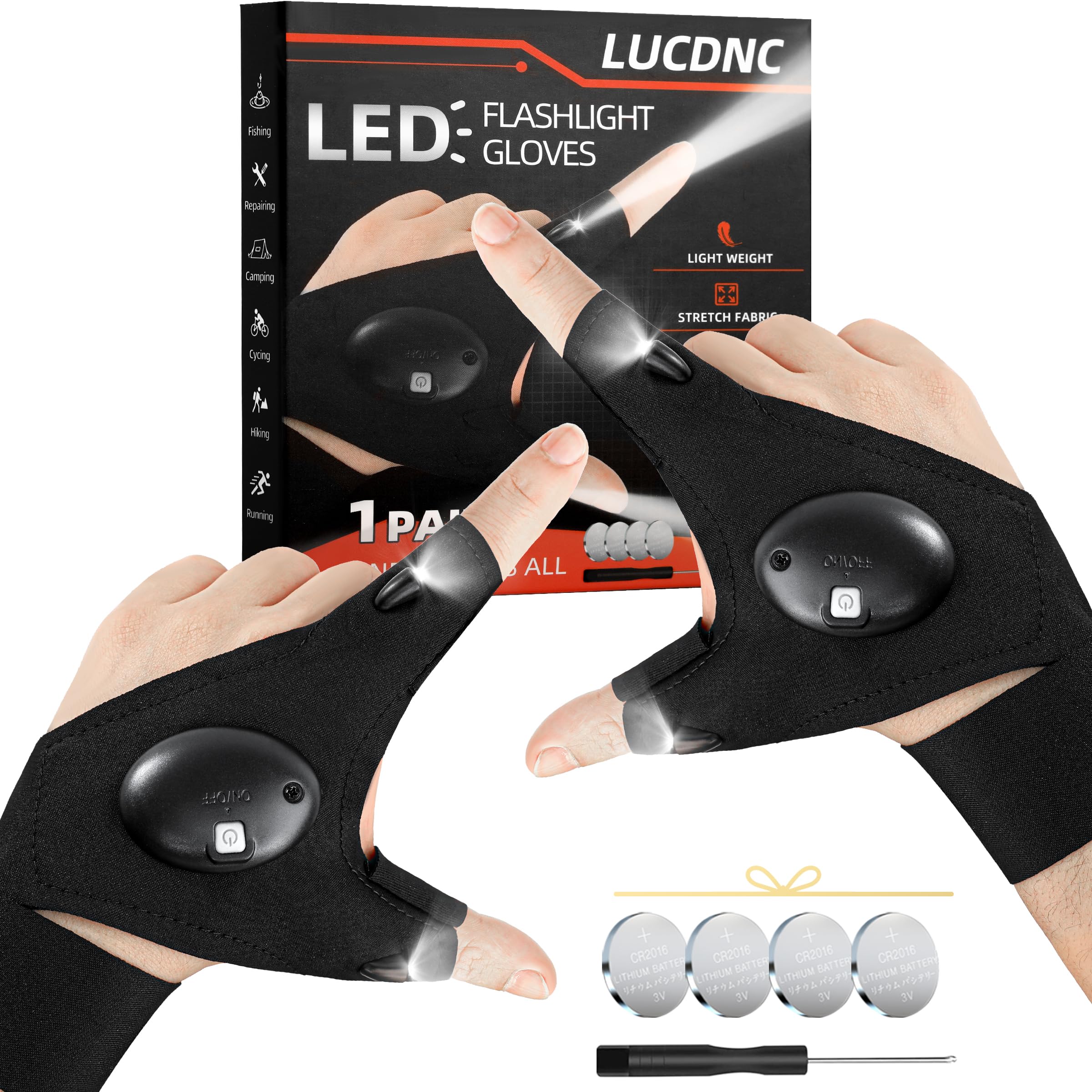 Gifts for Men Stocking Stuffers for Adults LED Flashlight Gloves Cool Gadgets Tools Outdoor Hands Free Flashlights for Fishing R